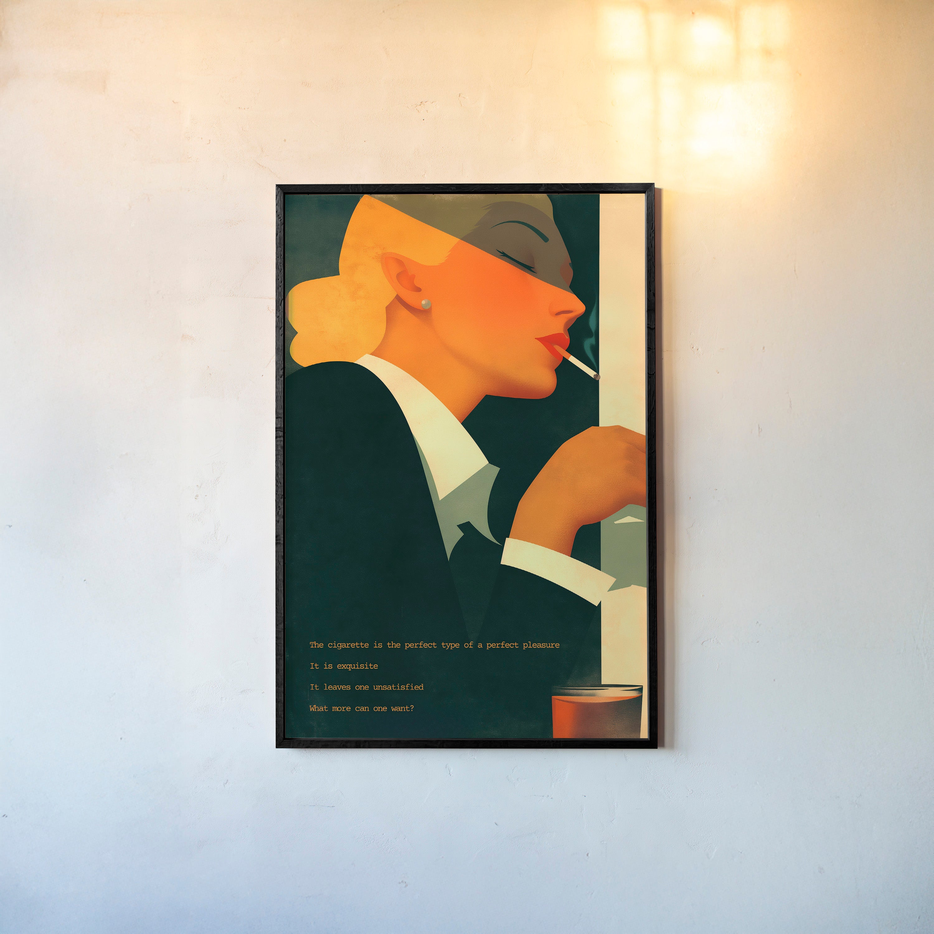 Framed poster of a woman smoking a cigarette hanging on a light background