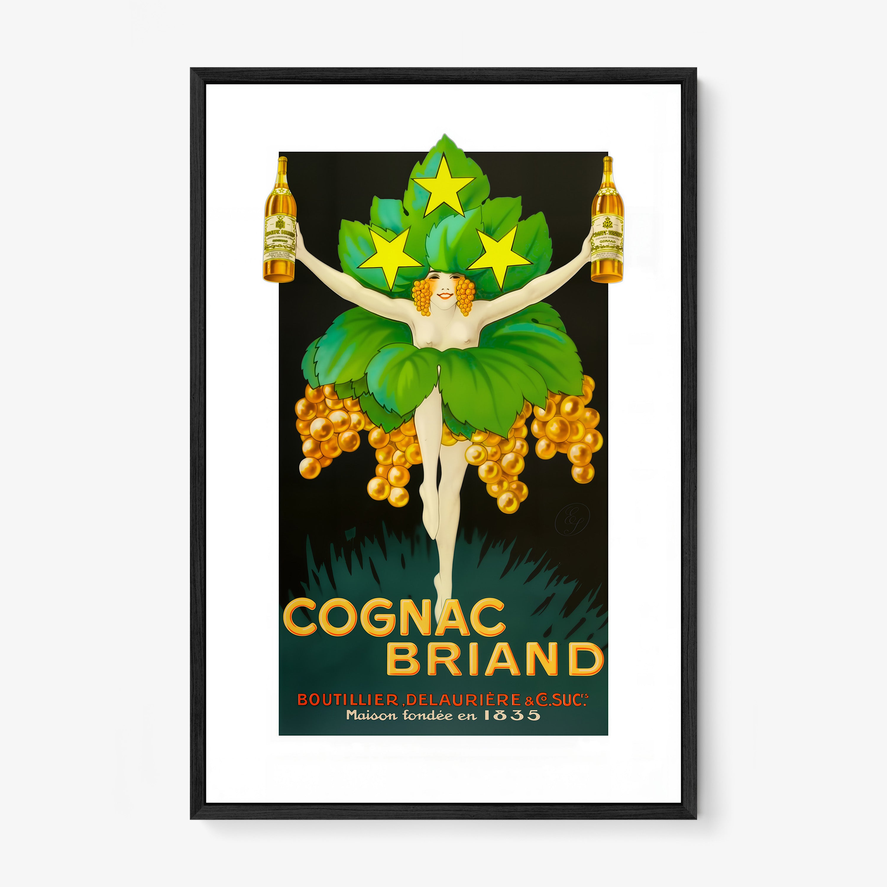 A framed poster features a dressed up woman centered over the words "Cognac Briand"