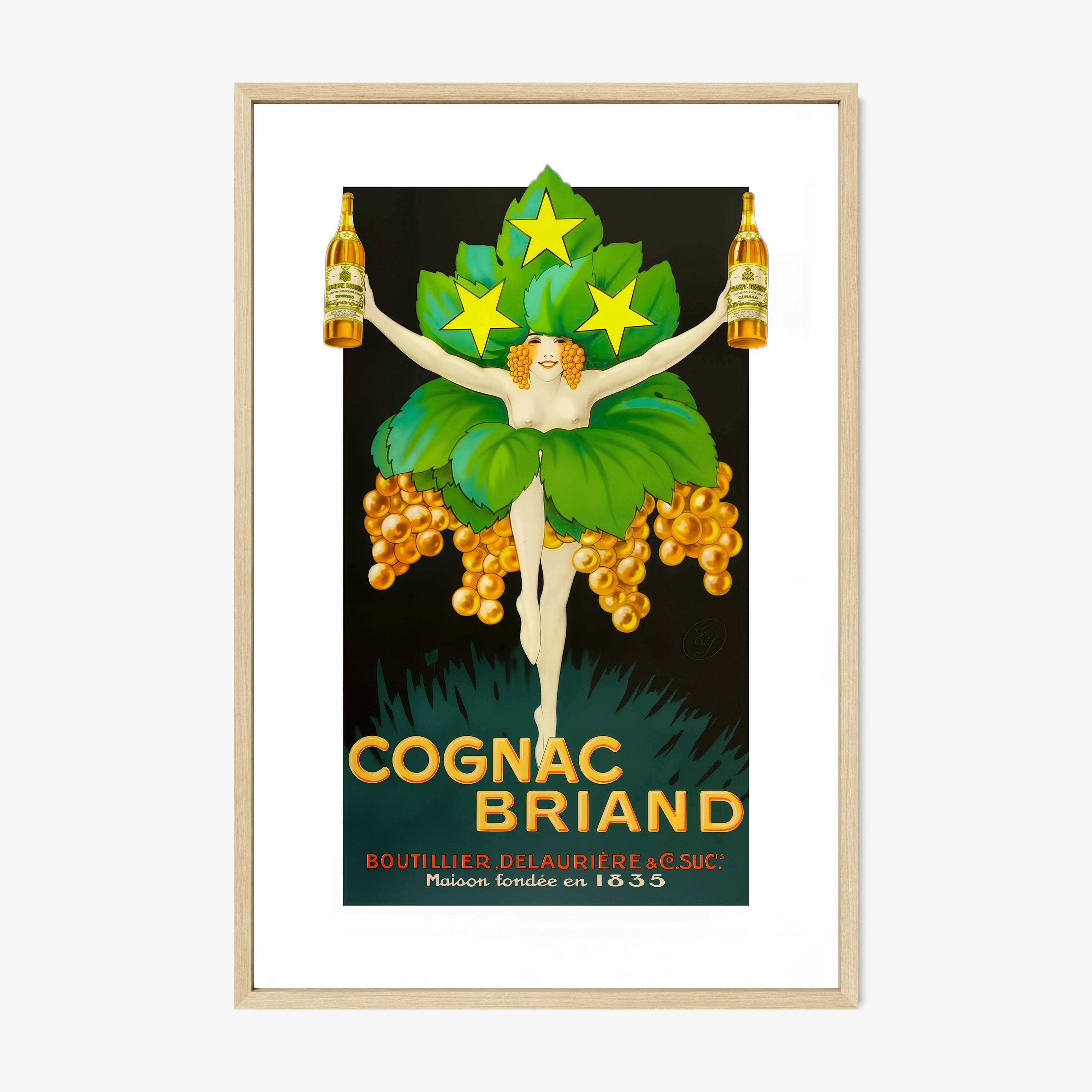 A framed poster features a dressed up woman centered over the words "Cognac Briand"