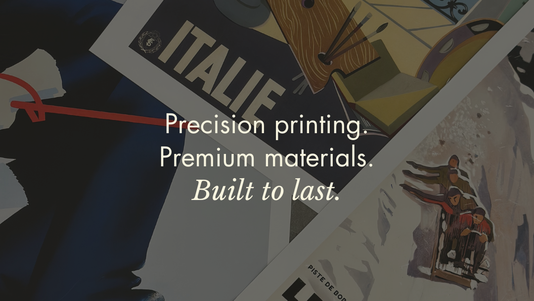 Collage of vintage posters with text overlay on a dark background