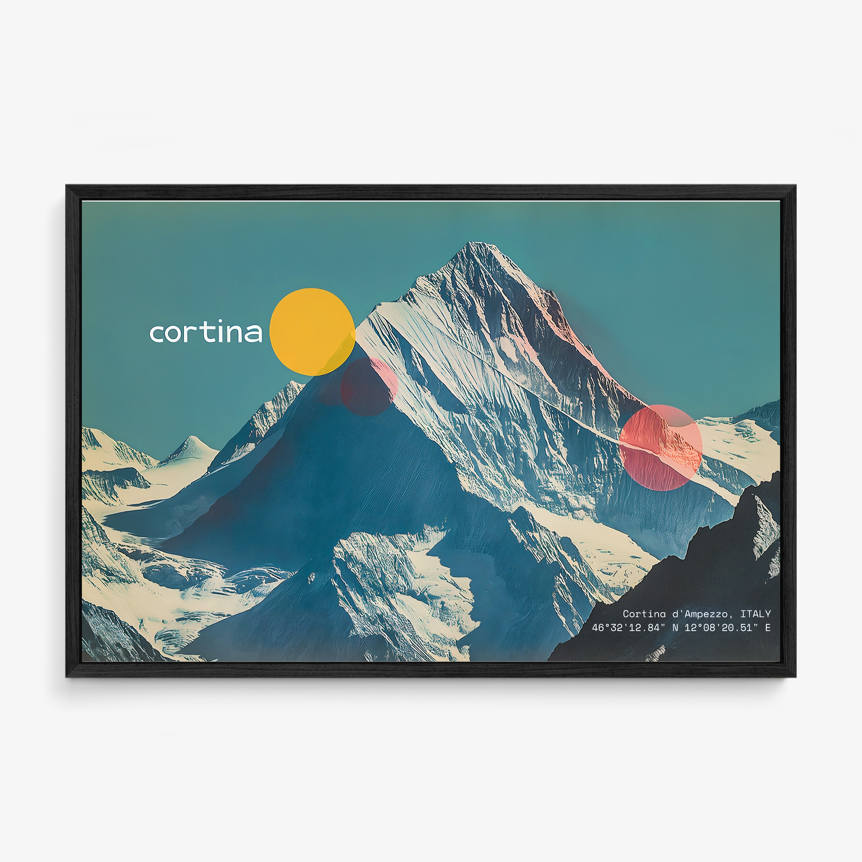 Framed poster of Cortina ski mountain hanging on a light background