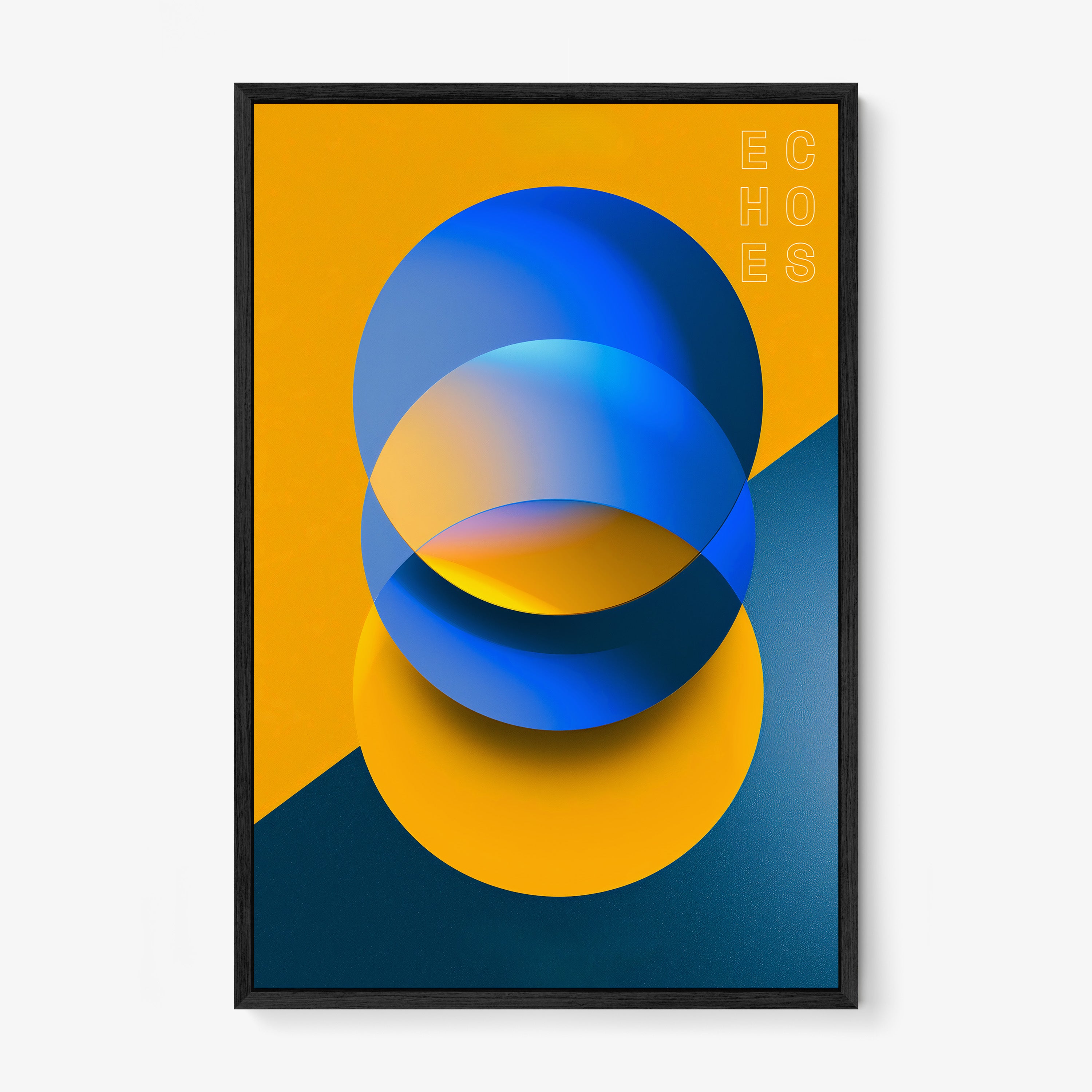 Framed poster featuring orange and blue abstract shapes titled "Echoes"