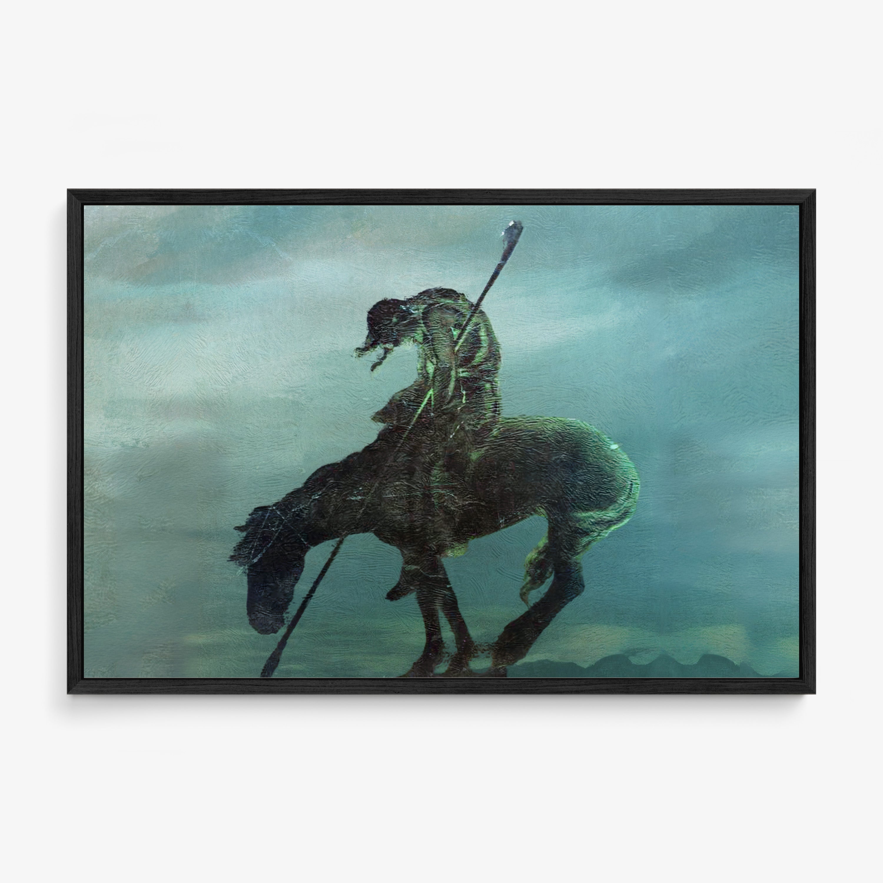 Framed poster of a horseman in a dark setting hanging on a light background