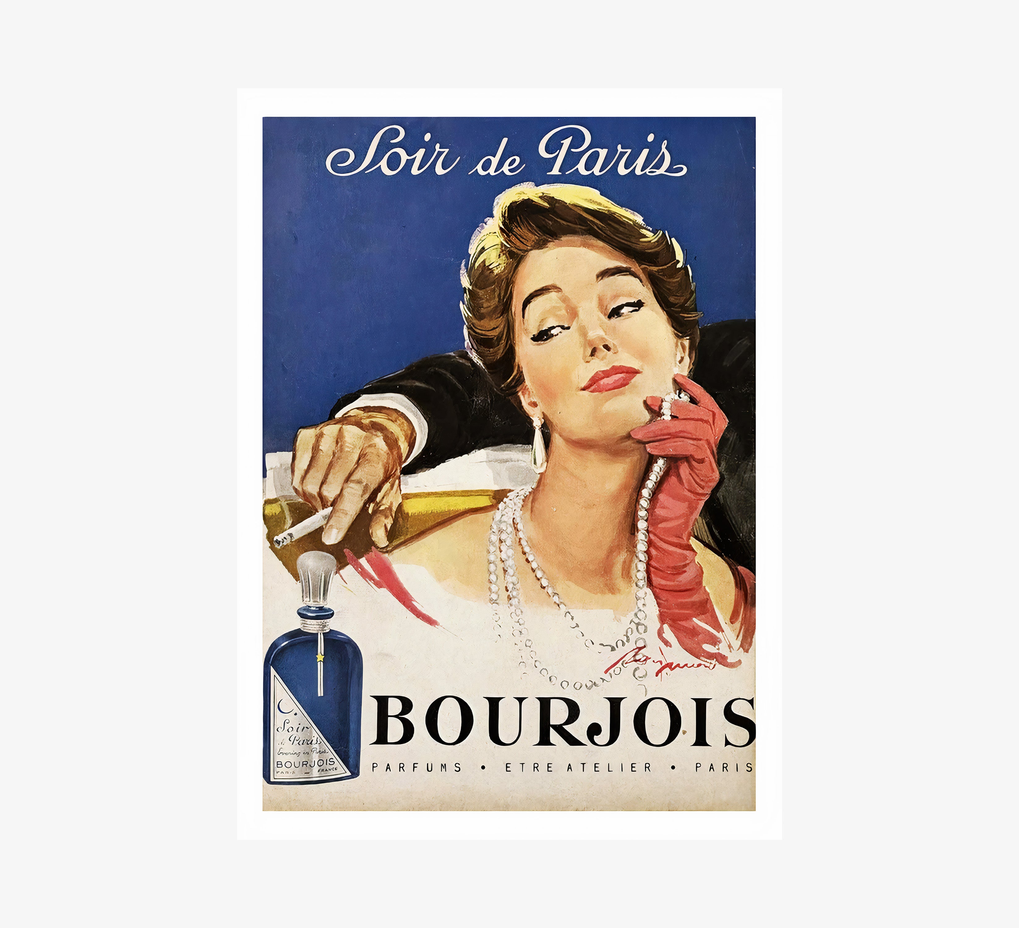 Vintage advertisement for Bourjois parfums featuring a woman with a cigarette and perfume bottle.
