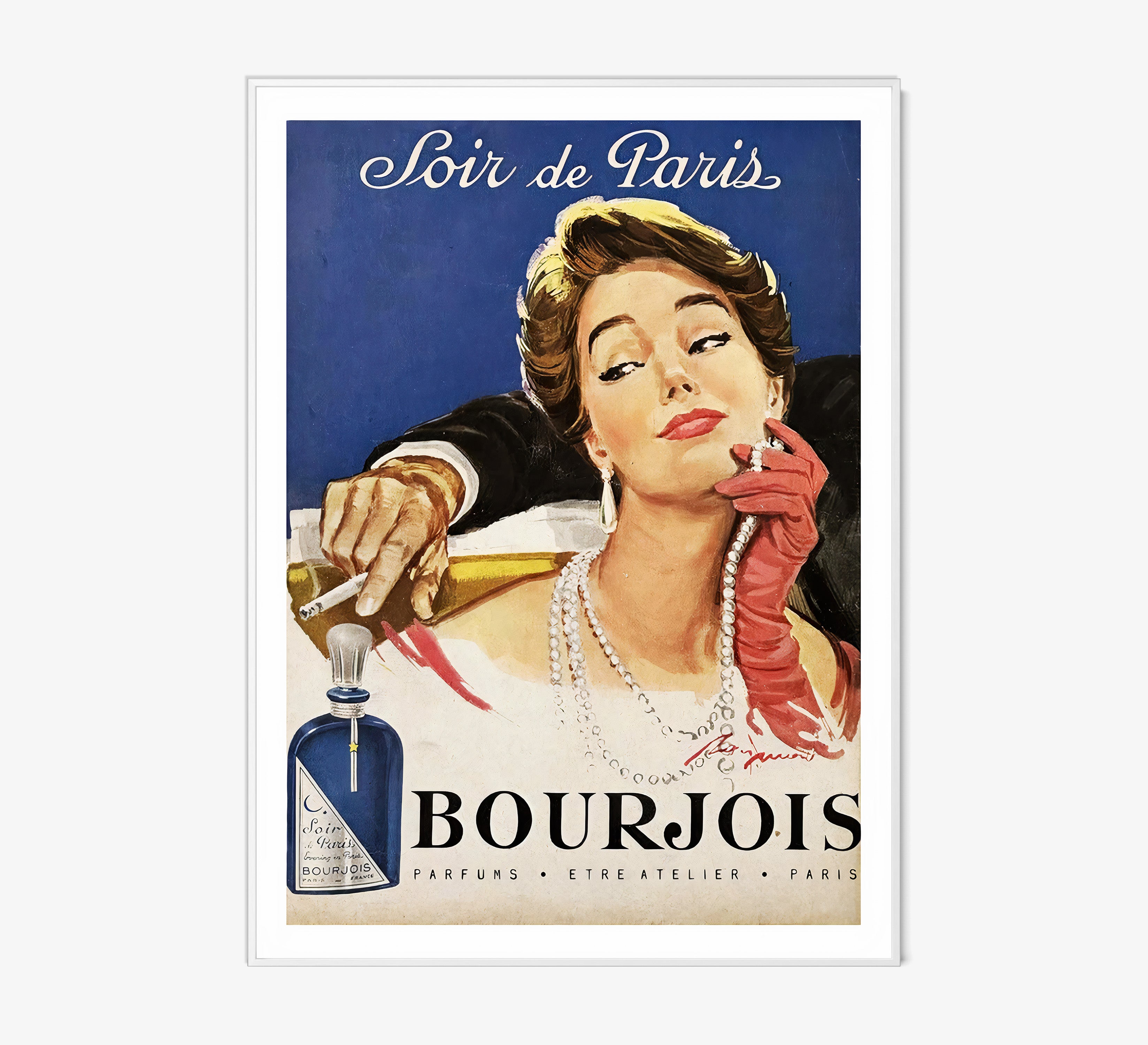 Vintage advertisement poster for Bourjois parfums featuring a woman with a bottle of perfume.