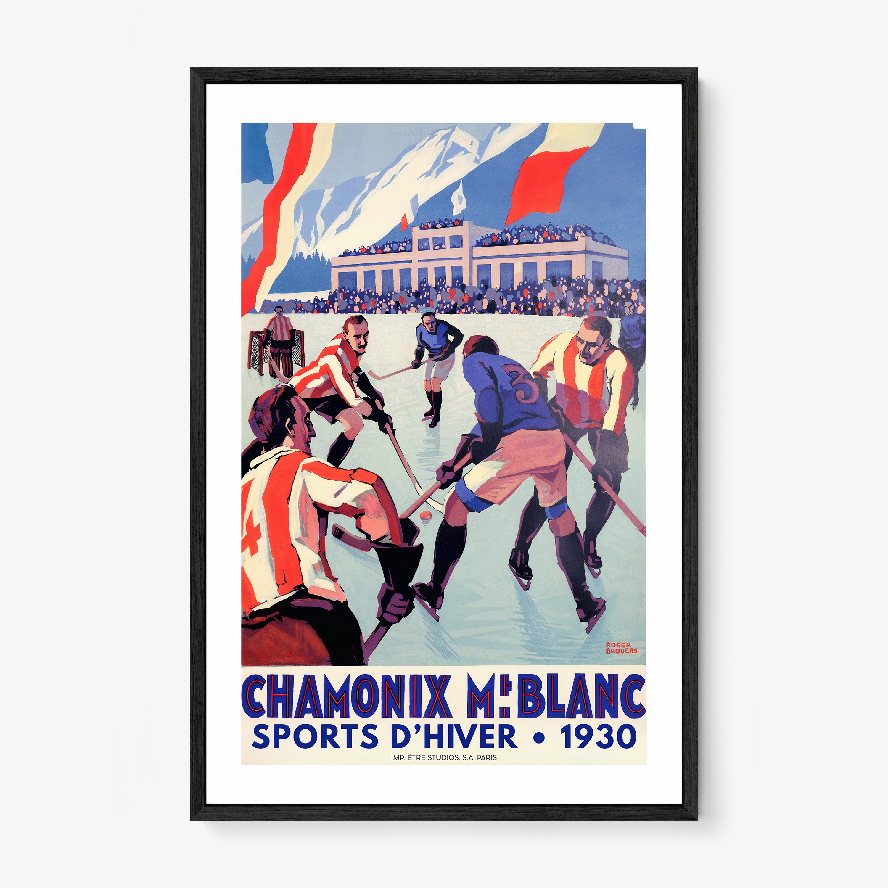 Framed poster of people playing hockey with a scenic mountain background and text that reads "Chamonix Mt Blanc" hanging on a light background