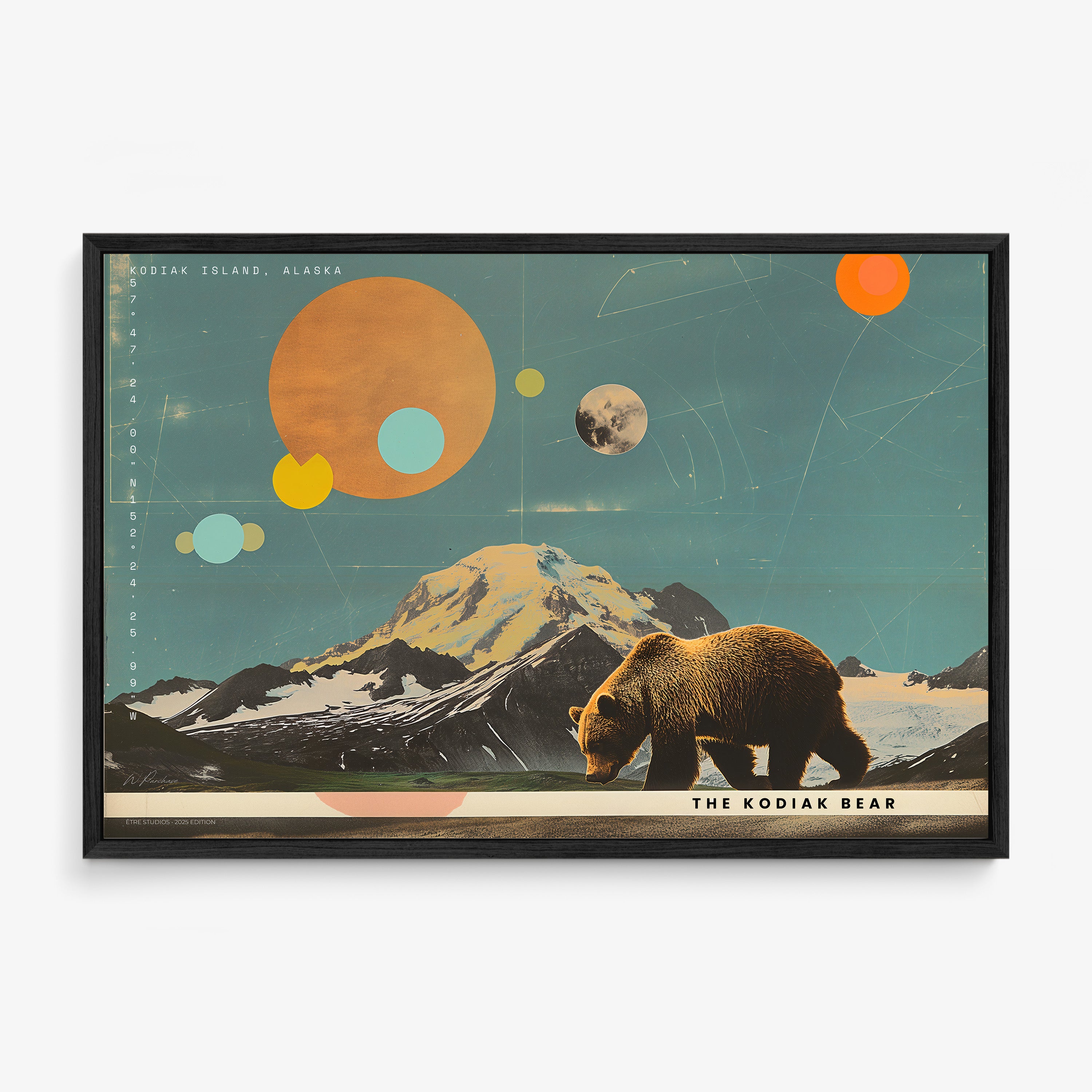 Framed Poster of Kodiak Island in Alaska featuring a bear and mountain scene hanging on a light background
