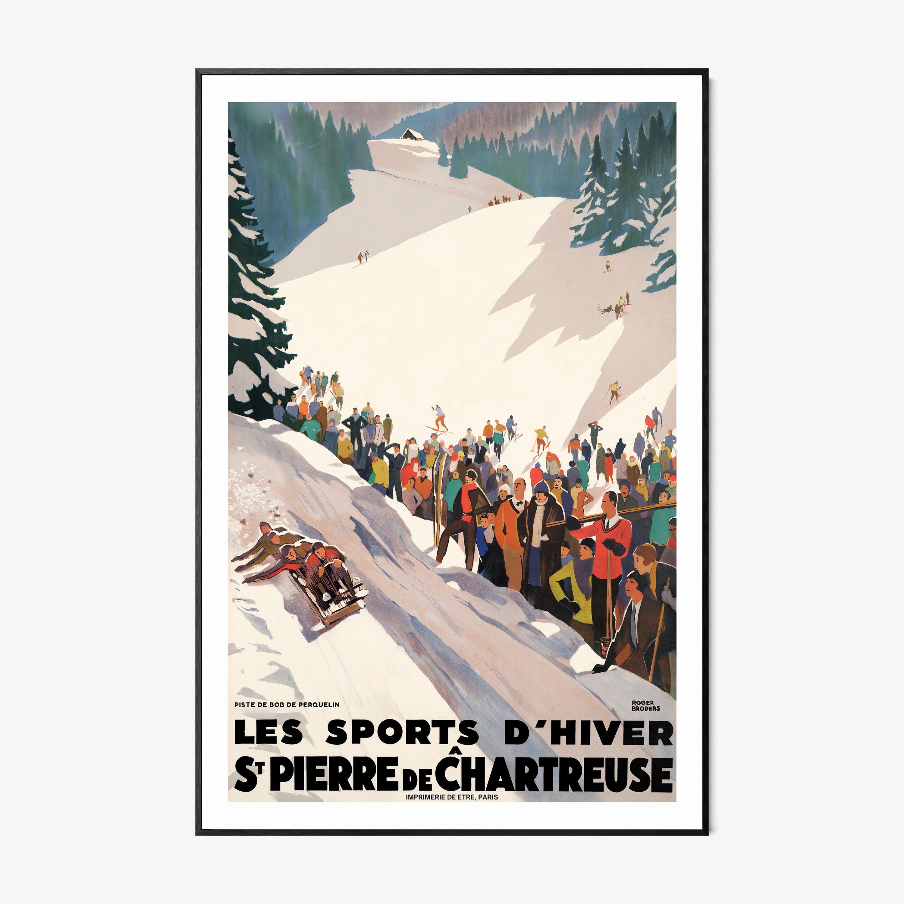 Framed poster of "Les Sports D'Hiver" featuring people on a snowy mountain landscape