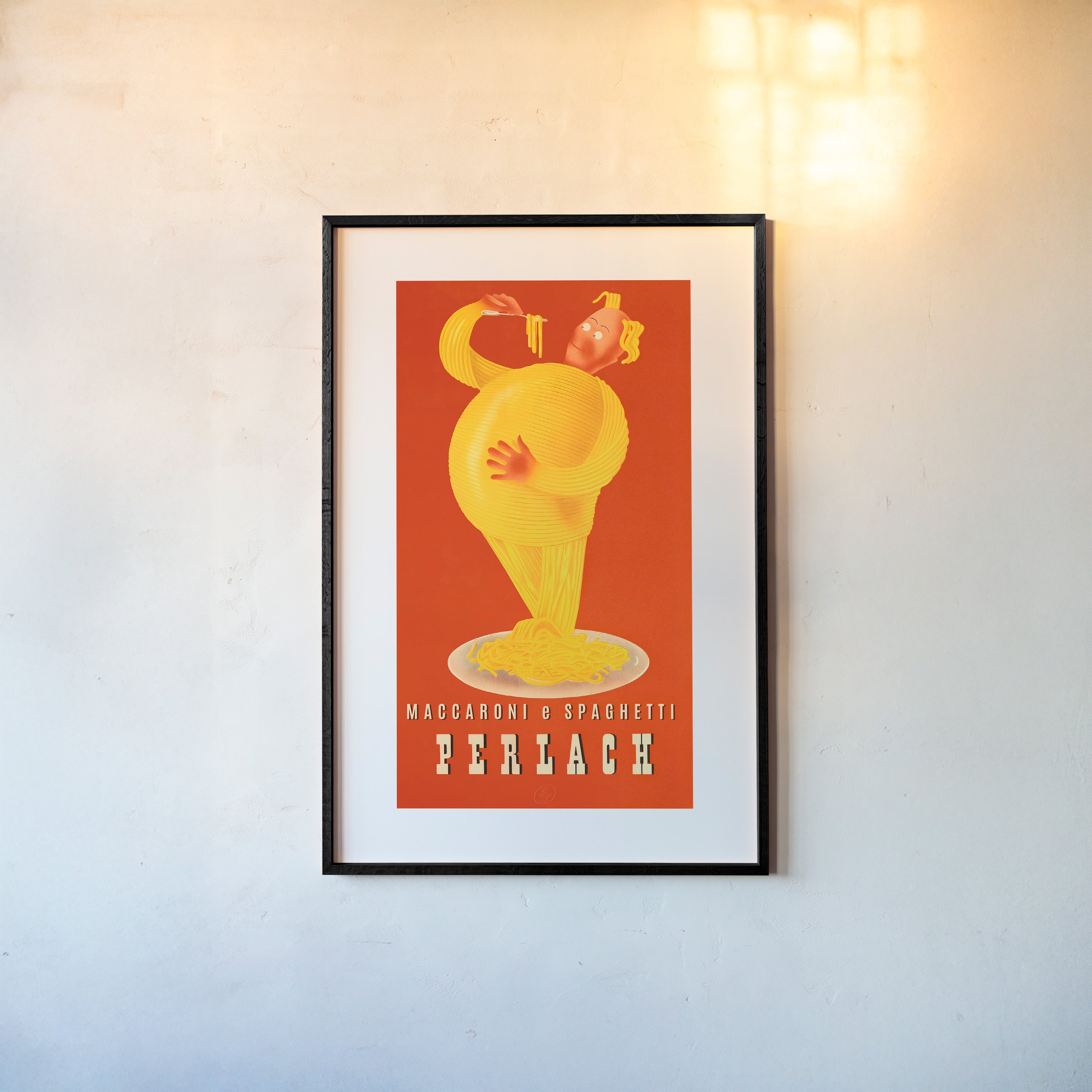 A framed poster features a maccaroni e spaghetti character 