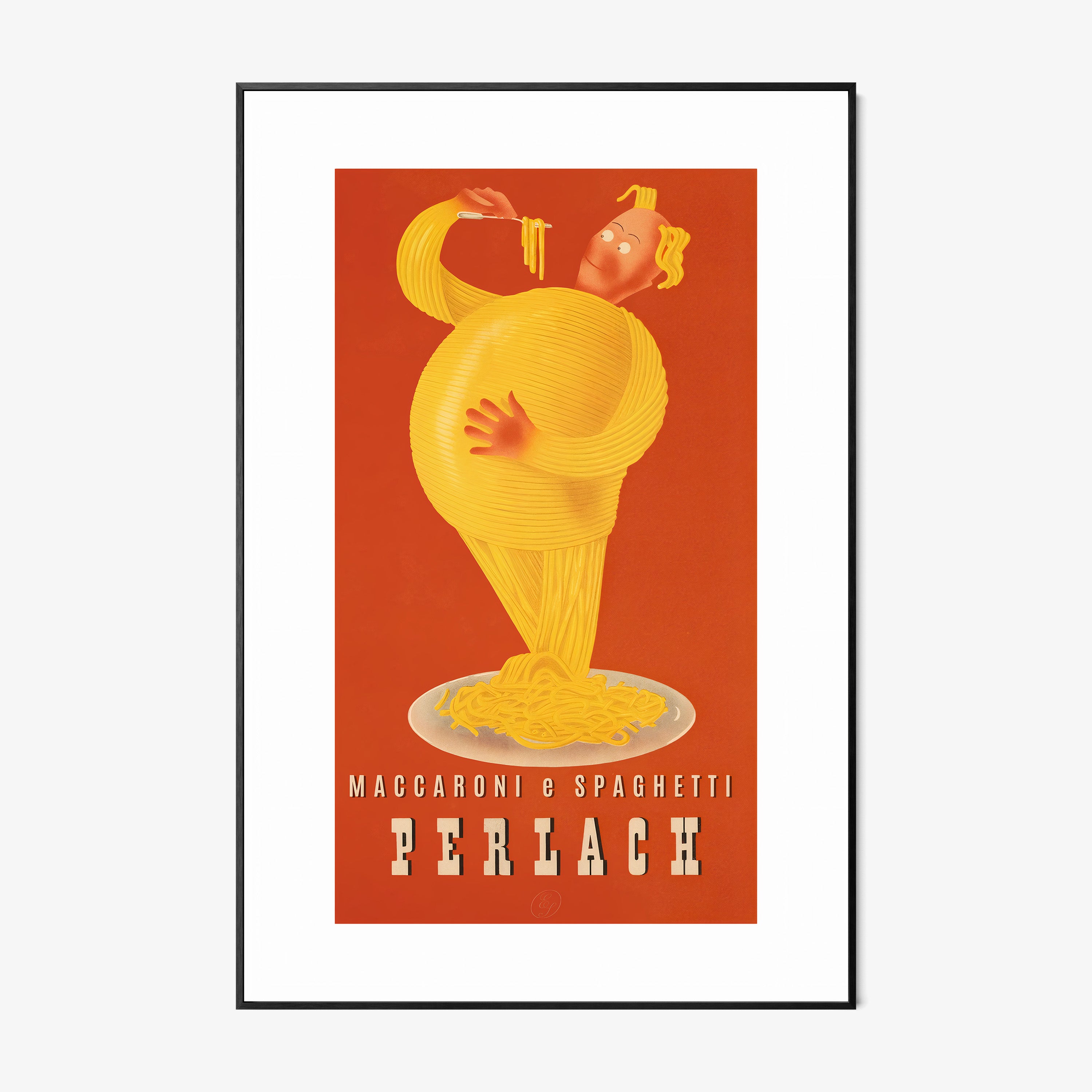 A framed poster features a maccaroni e spaghetti character 