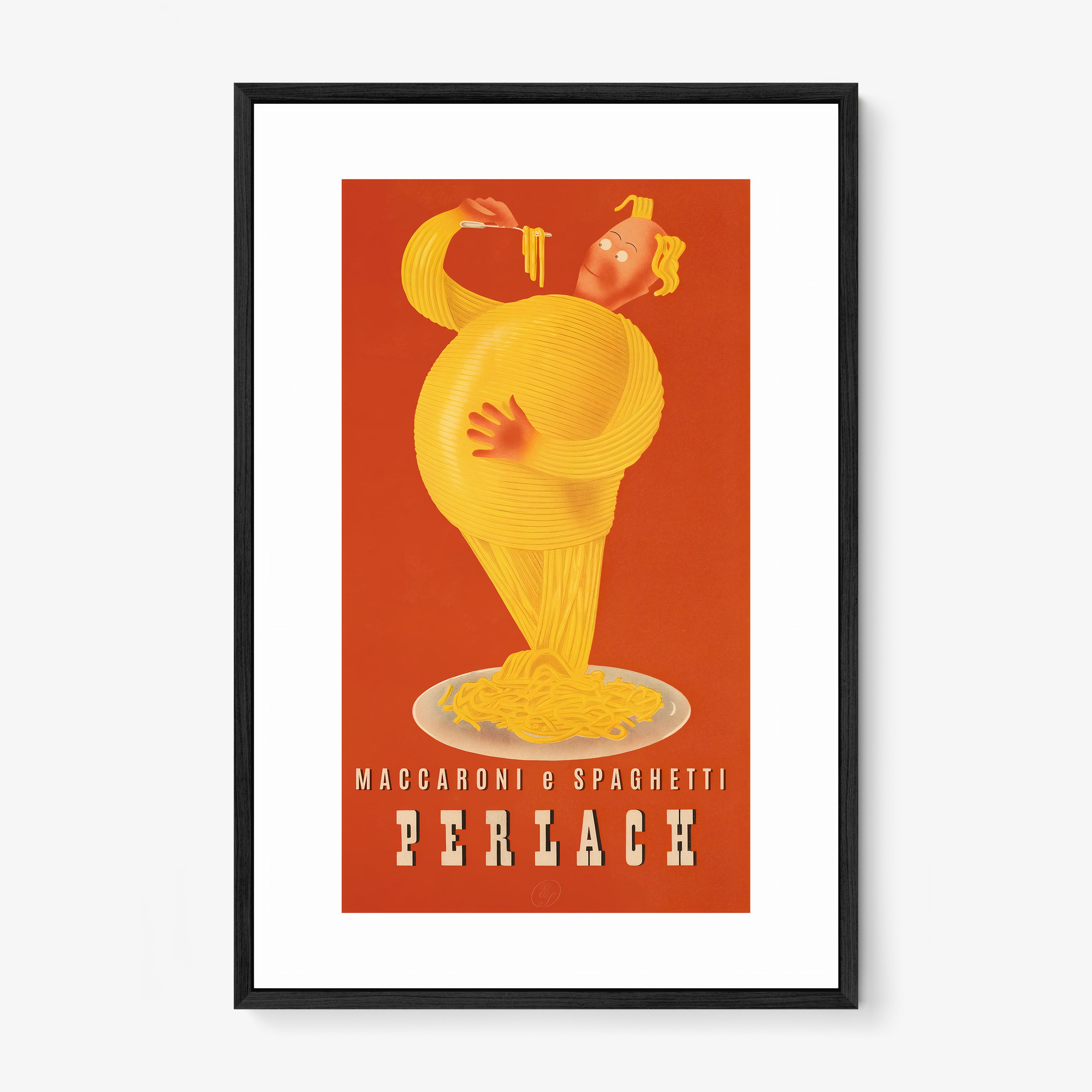 A framed poster features a maccaroni e spaghetti character 