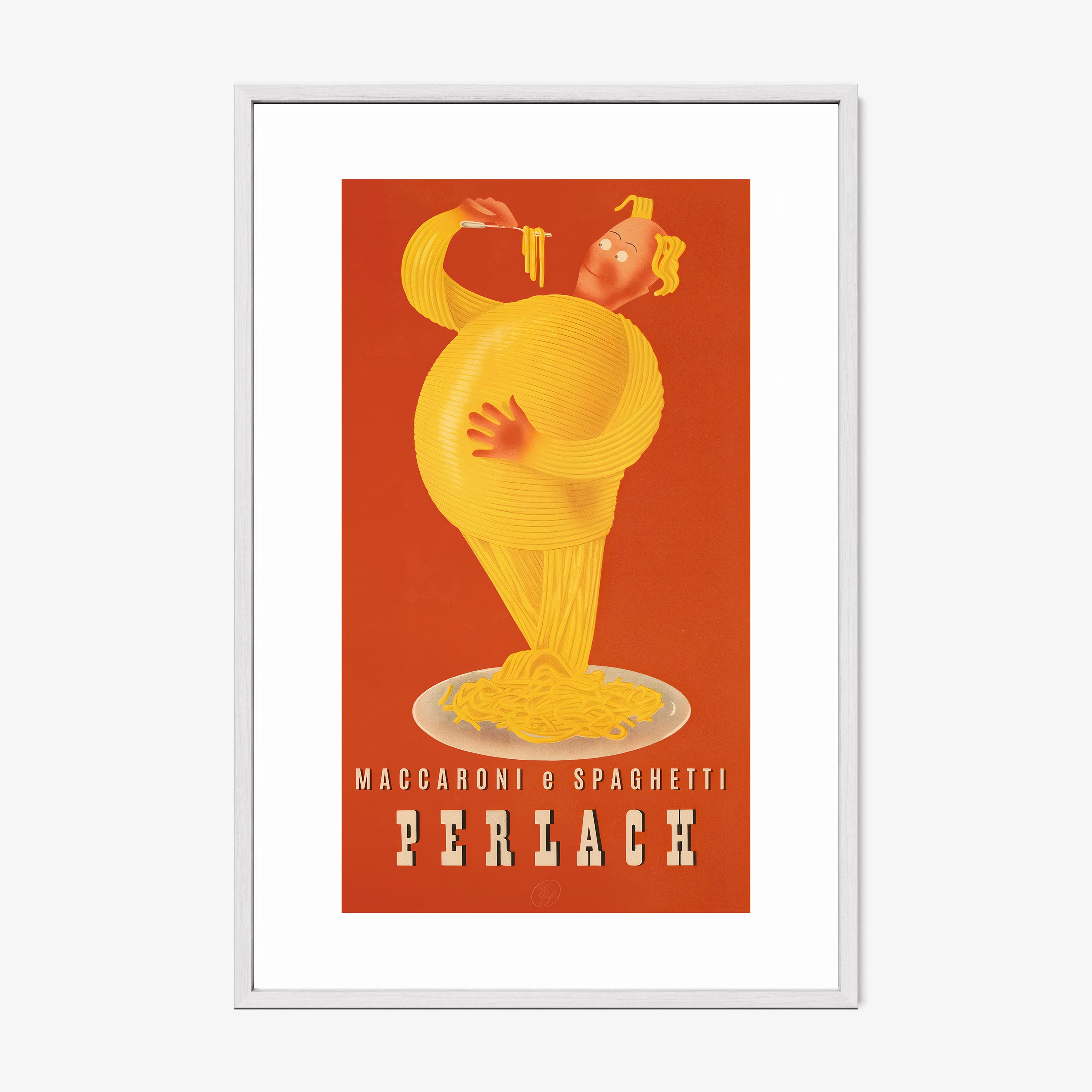 A framed poster features a maccaroni e spaghetti character 