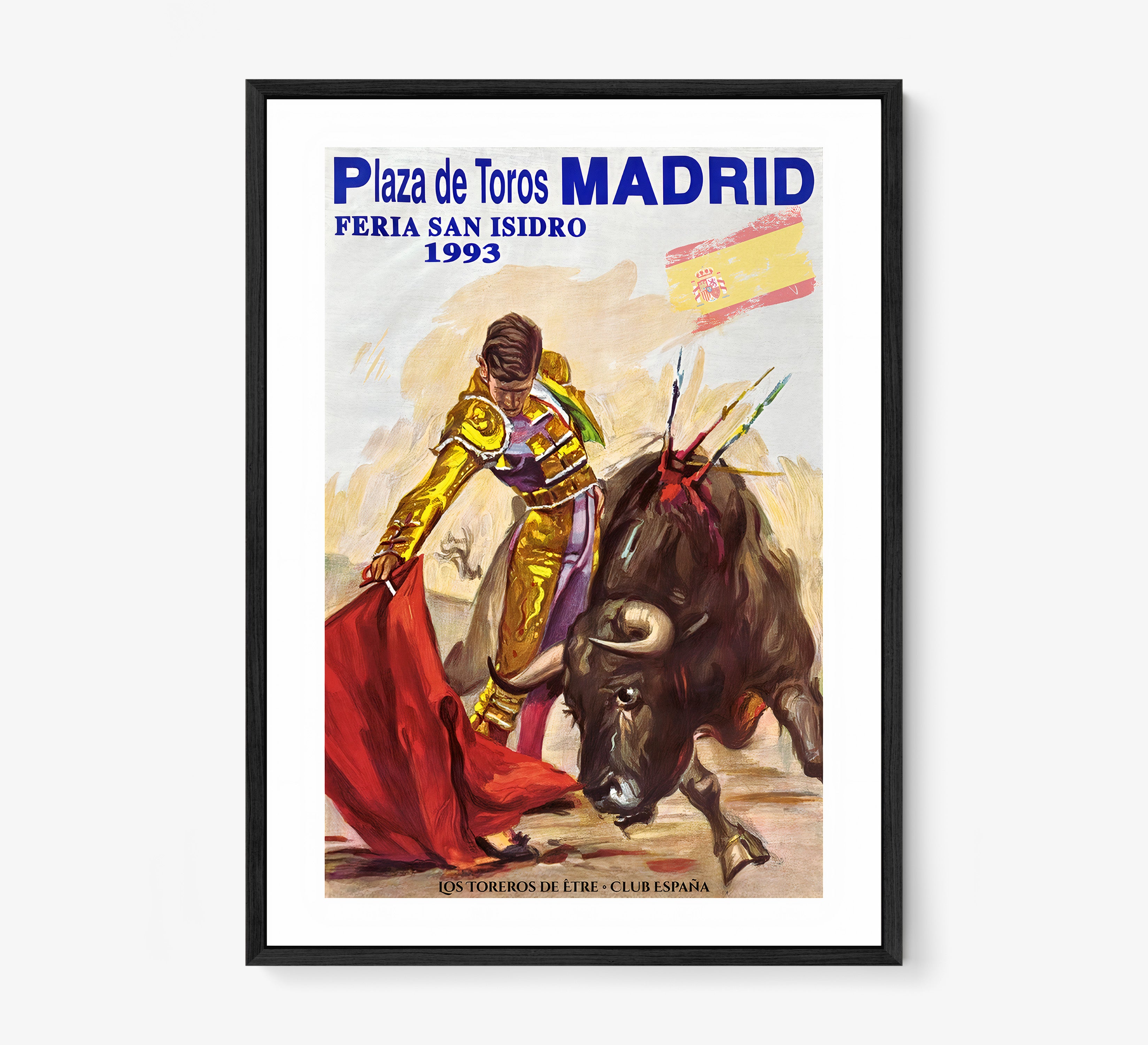 Framed poster of a bullfighter from Madrid hanging on a light background