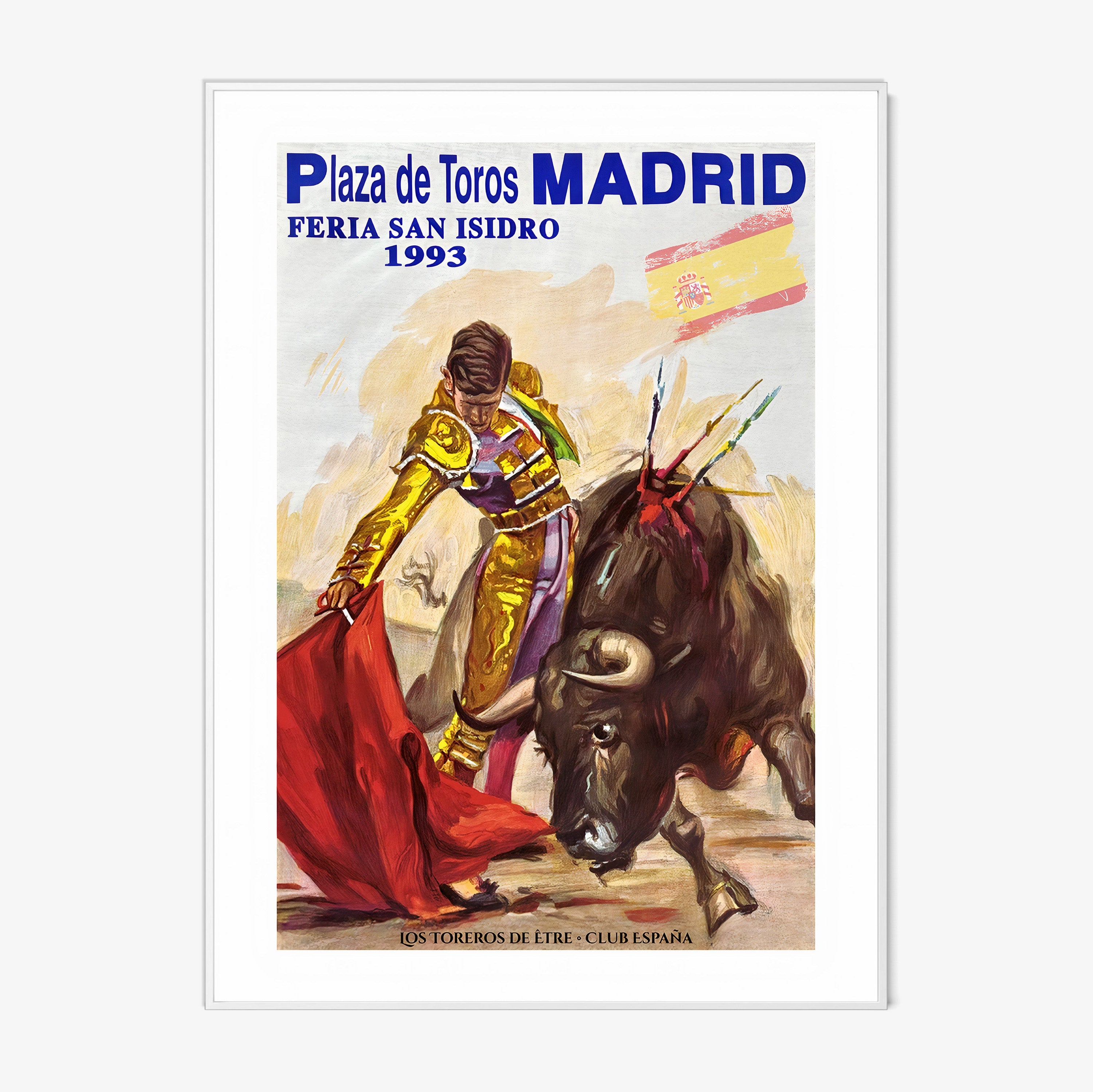Framed poster of a bullfighter from Madrid hanging on a light background
