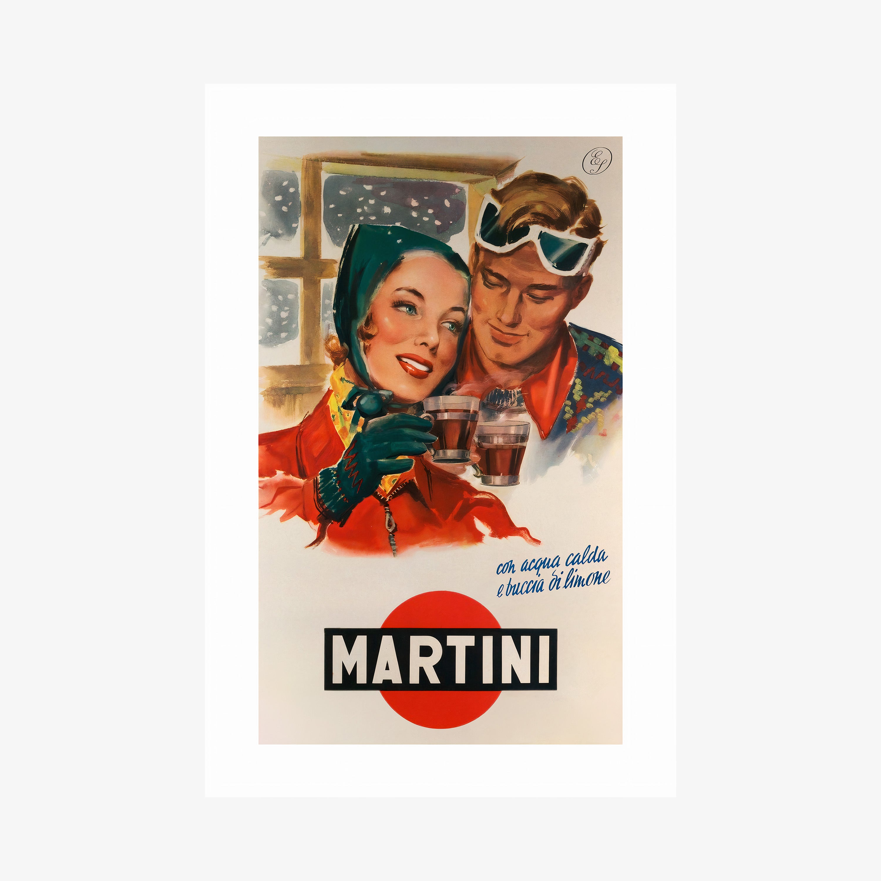 A poster features a couple drinking from small celebratory glasses with the text "Martini" at the bottom