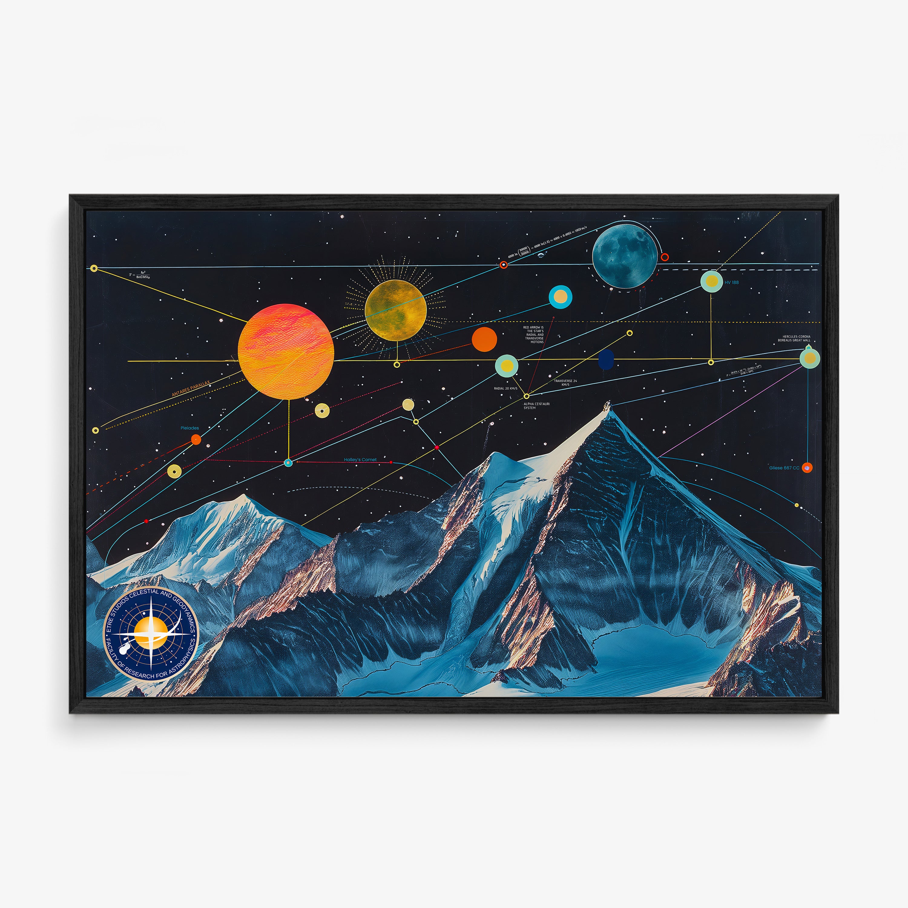 Framed poster of a celestial map in a dark sky over mountains hanging on a light background