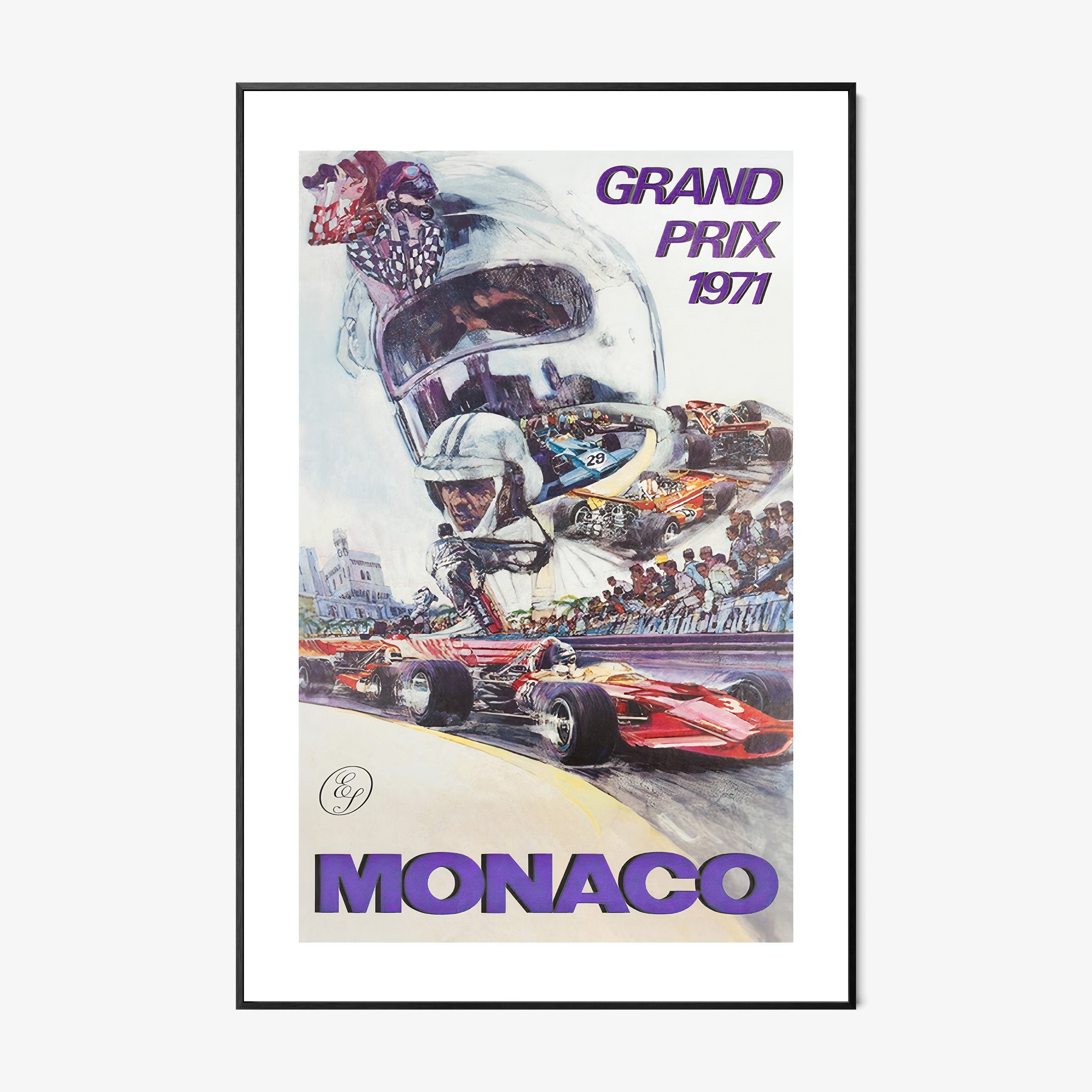 A framed poster features the Monaco Grand Prix from 1971