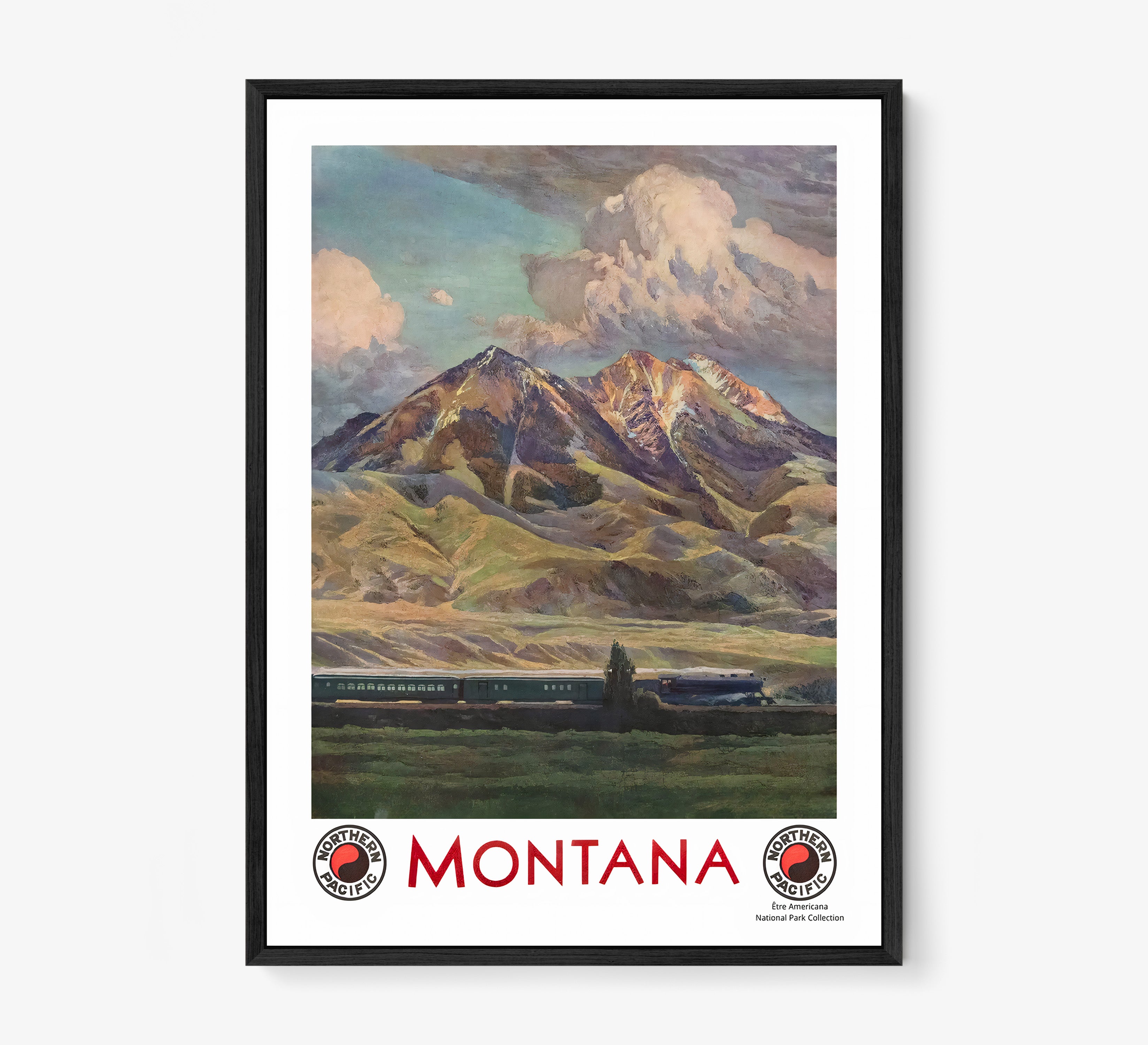 Framed poster of a mountain scene in Montana hanging on a light background