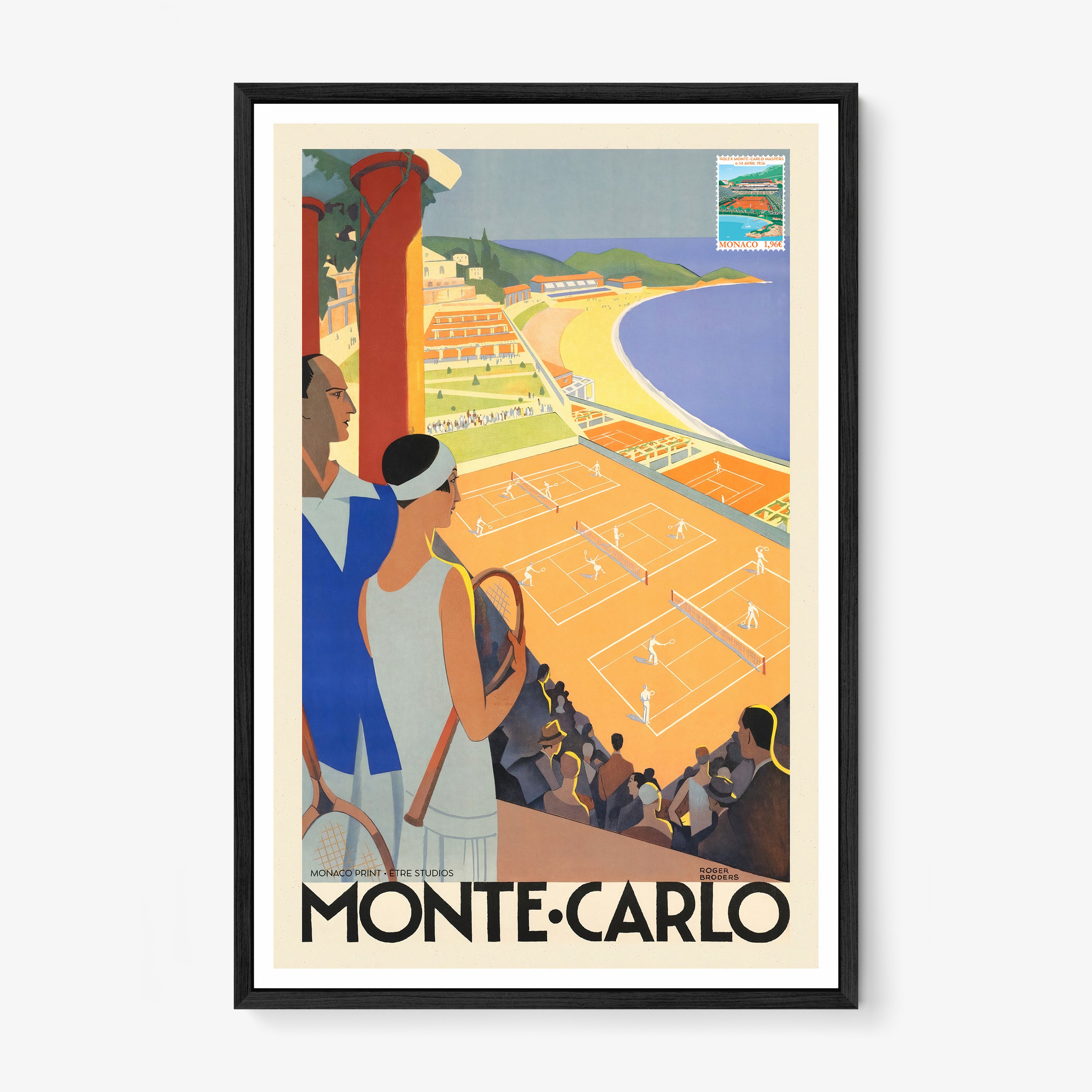 Framed poster of a tennis scene with the text "Monte Carlo" written at the bottom