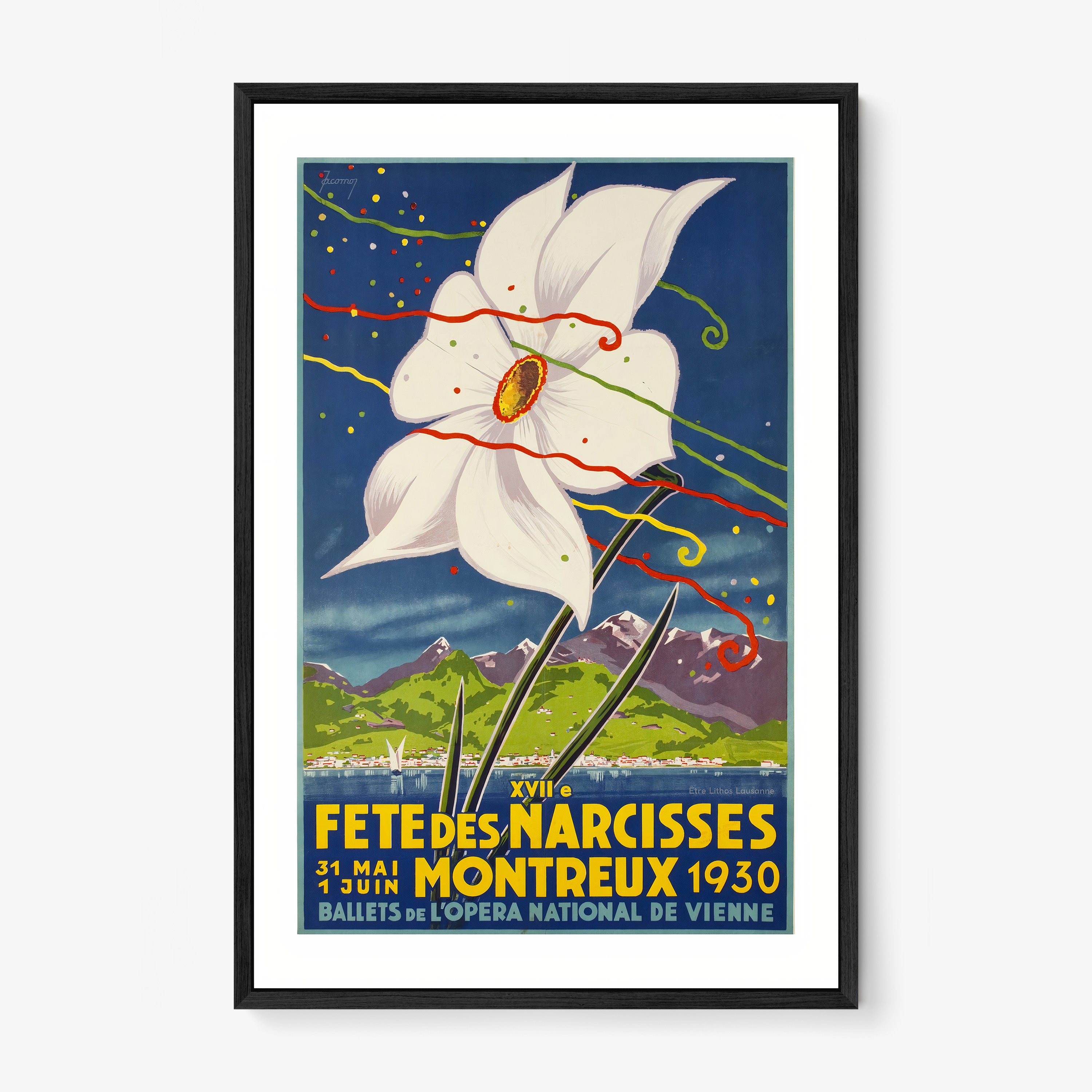 Framed artwork featuring a large white flower on top of a serene mountain landscape hanging on a light background