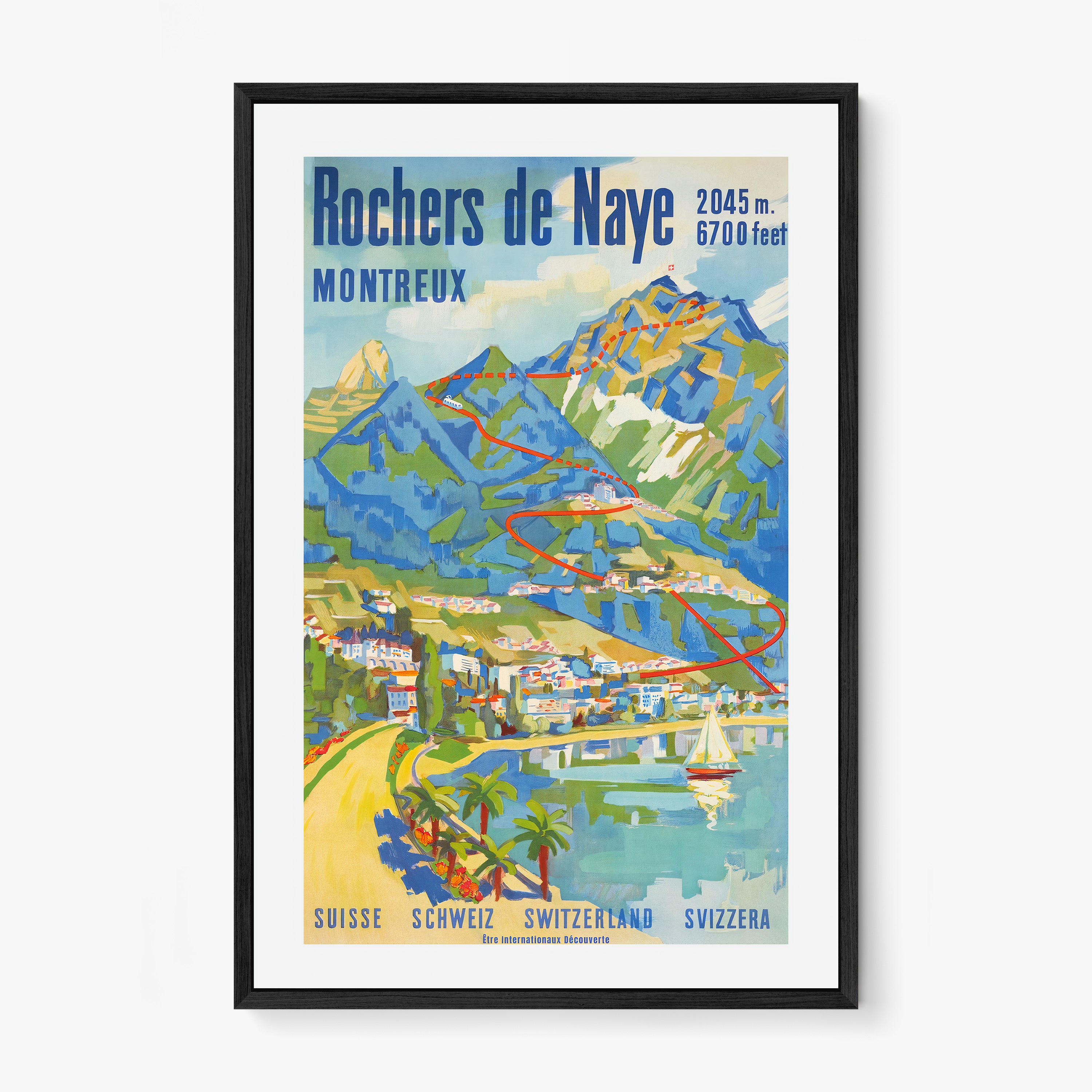 Framed Poster of "Rochers de Naye" a coastal mountain scene hanging on a light background