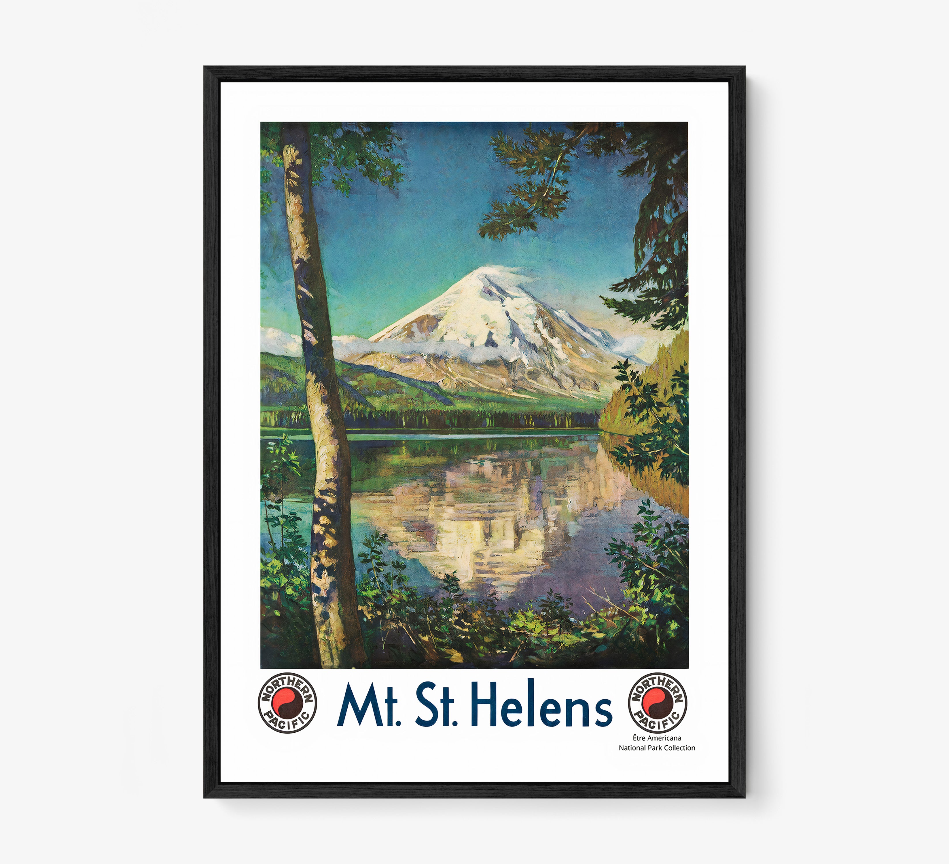 Framed poster of Mt. St. Helens hanging on a light background