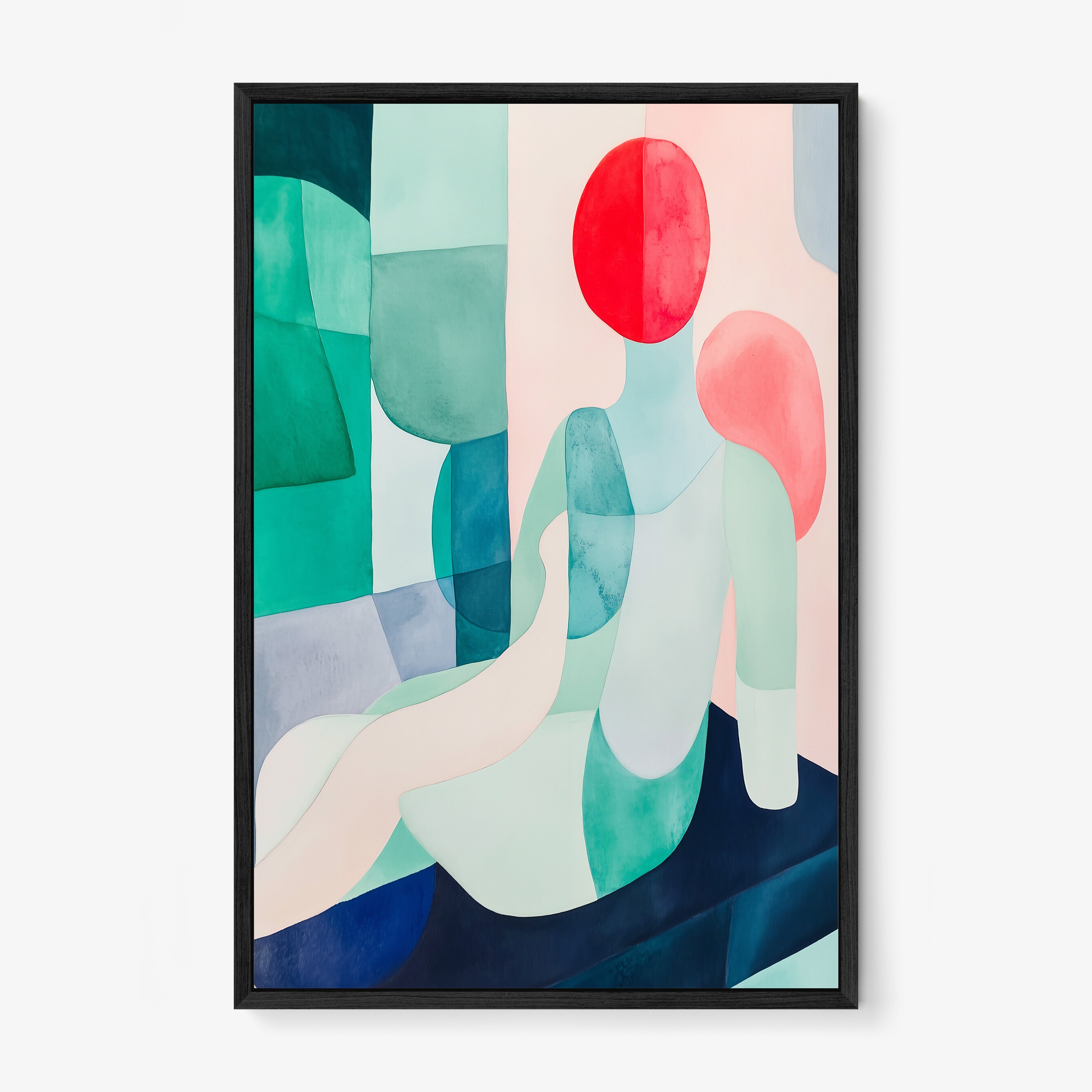 Framed poster of an abstract colorful figure hanging on a white background