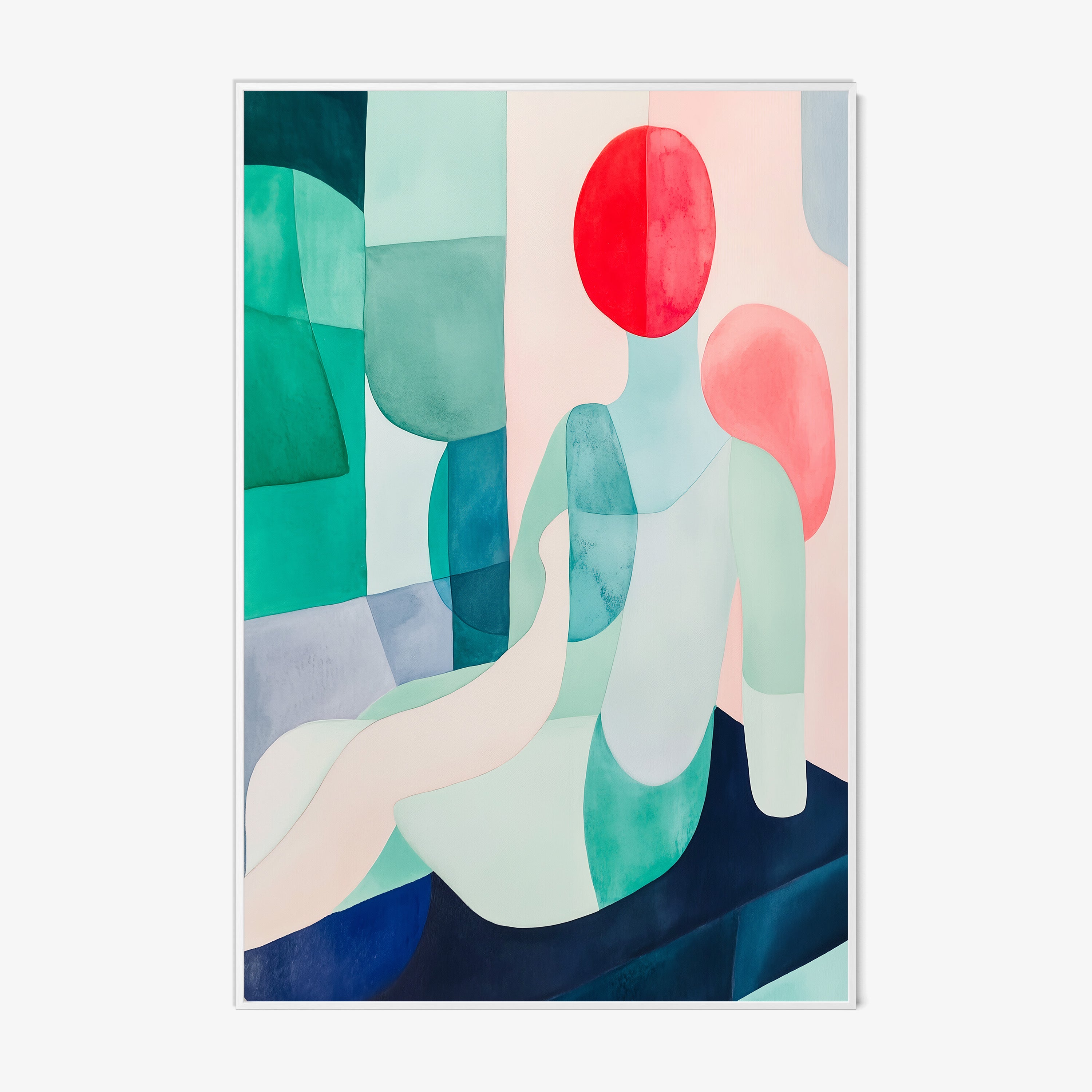 Framed poster of an abstract colorful figure hanging on a white background