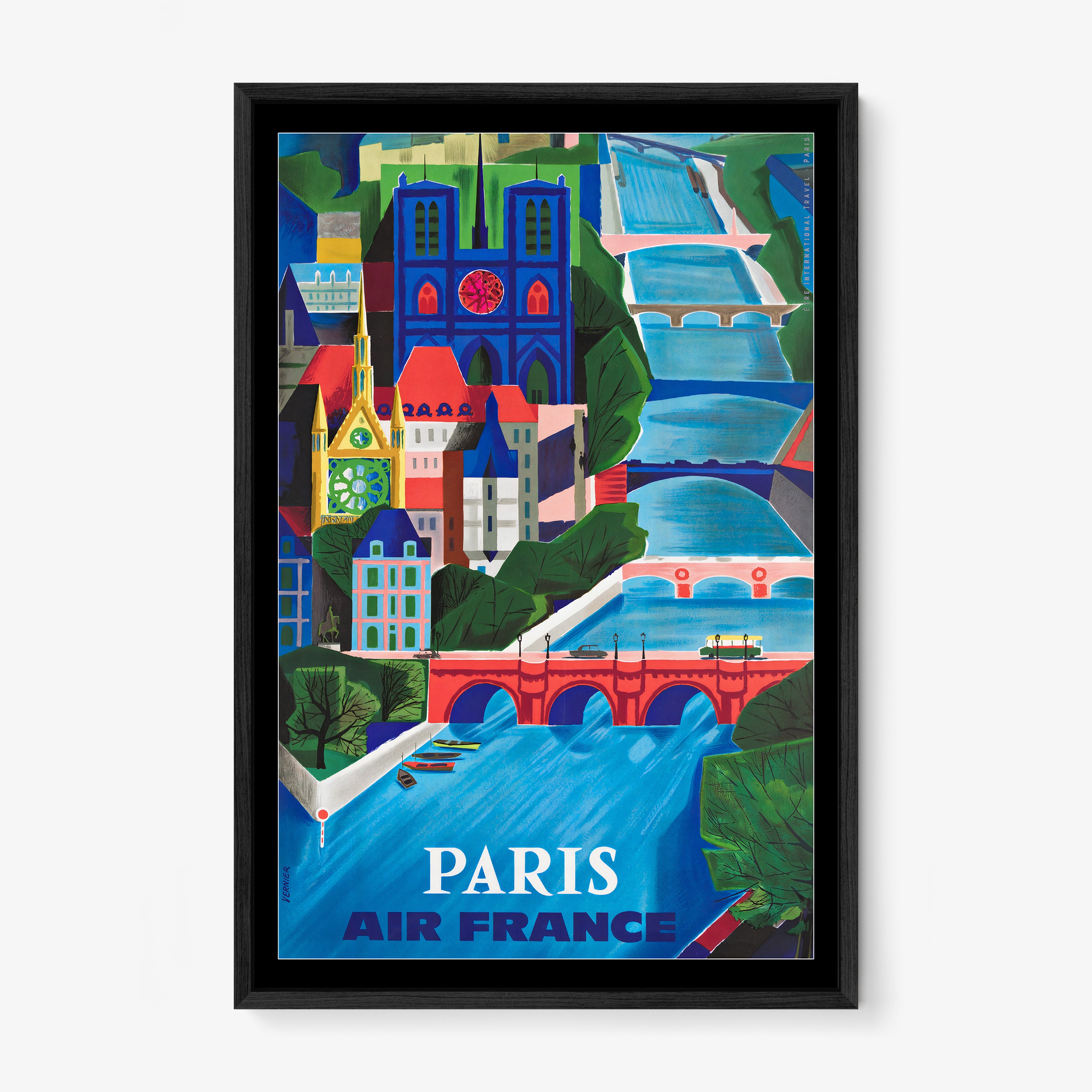 Framed poster of Paris featuring a colorful blue river with many bridges hanging on a light background
