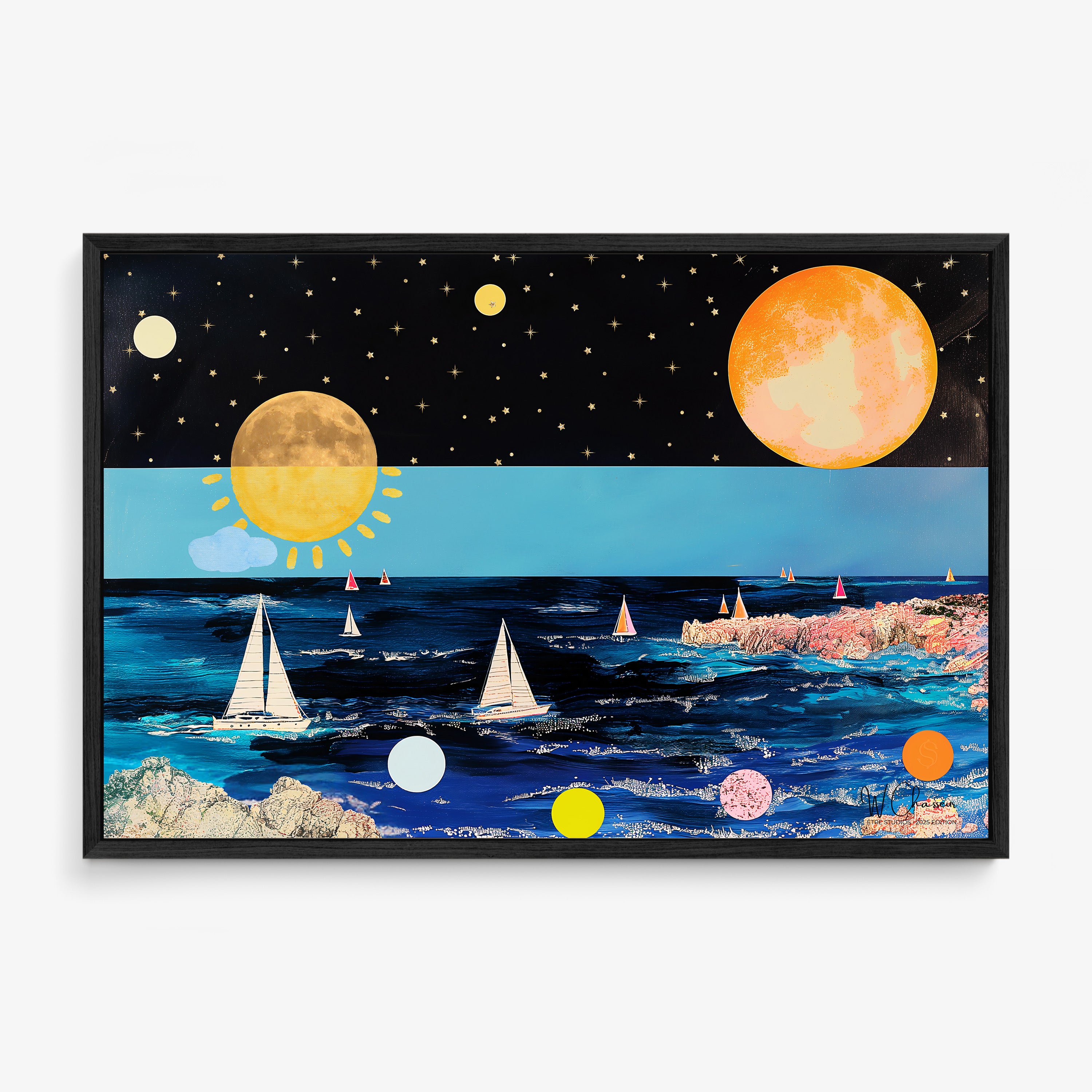 Framed poster of a colorful ocean scene featuring large planets and sailboats hanging on a light background