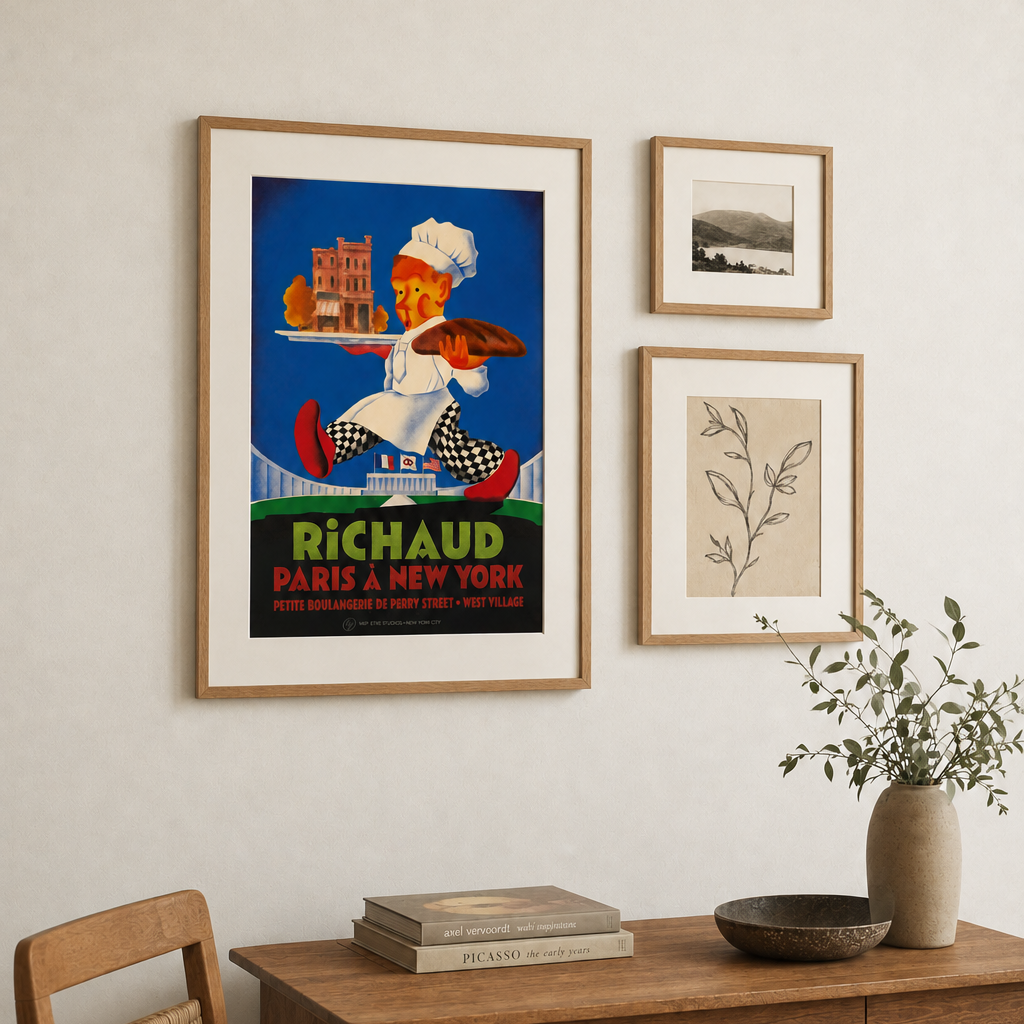 A framed vintage-style poster hangs on a light beige wall above a wooden console table. The poster features a colorful illustration with the text 'RICHAUD PARIS A NEW YORK' and shows a figure in a white chef's hat carrying a fish.