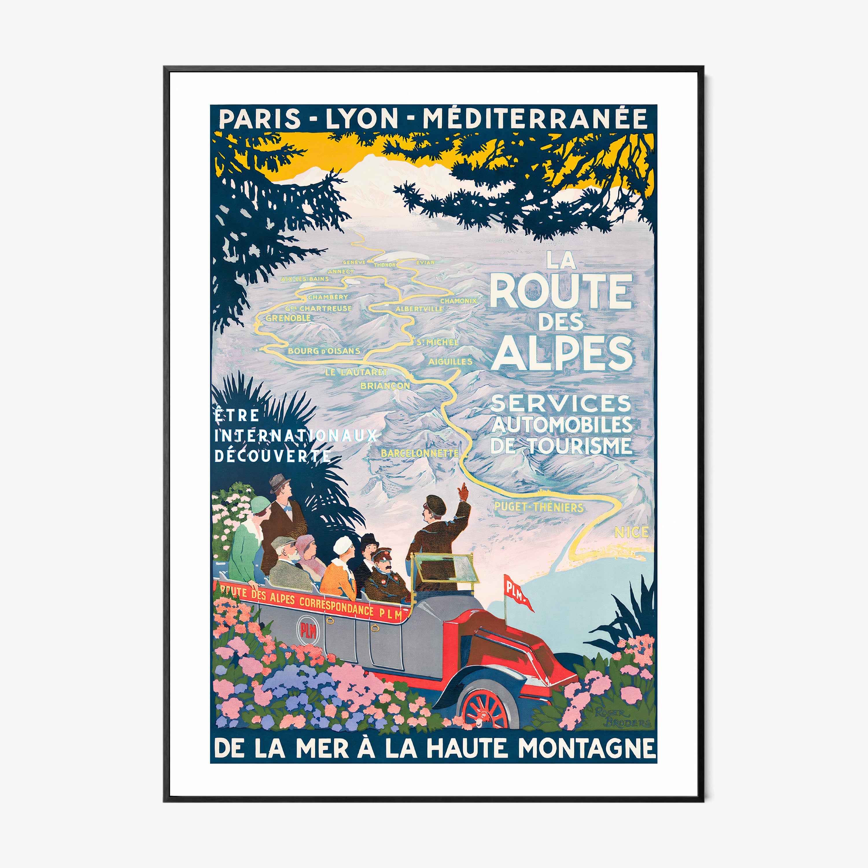 Framed poster featuring a map through the mountains and a tour guide with the text "La Route Des Alpes" at the center hanging on a light background