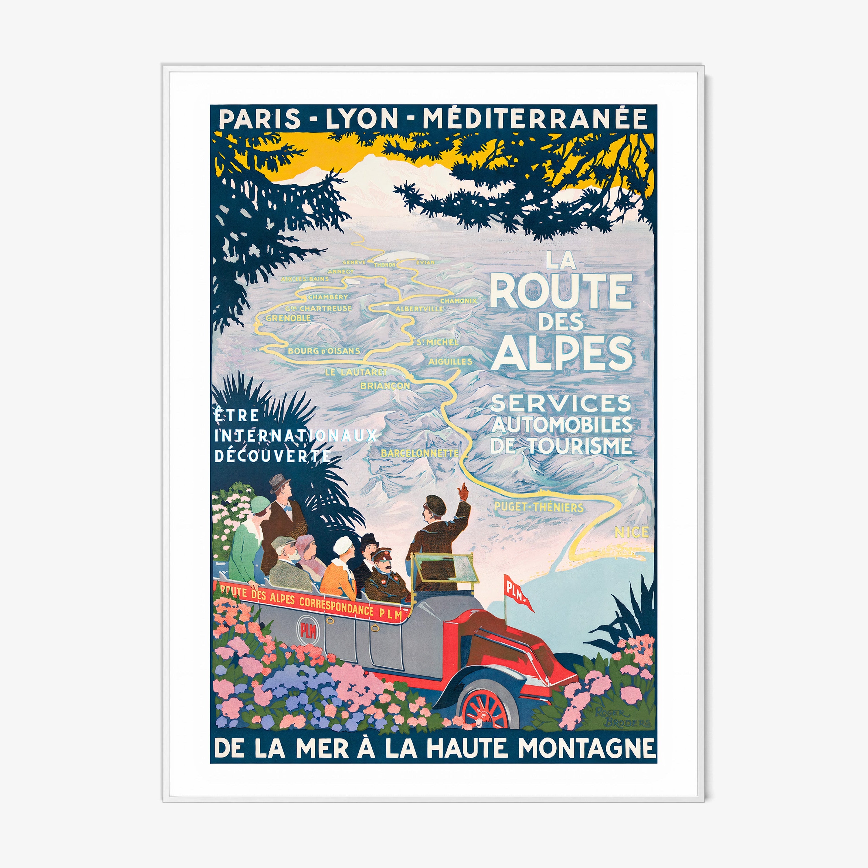Framed poster featuring a map through the mountains and a tour guide with the text "La Route Des Alpes" at the center hanging on a light background