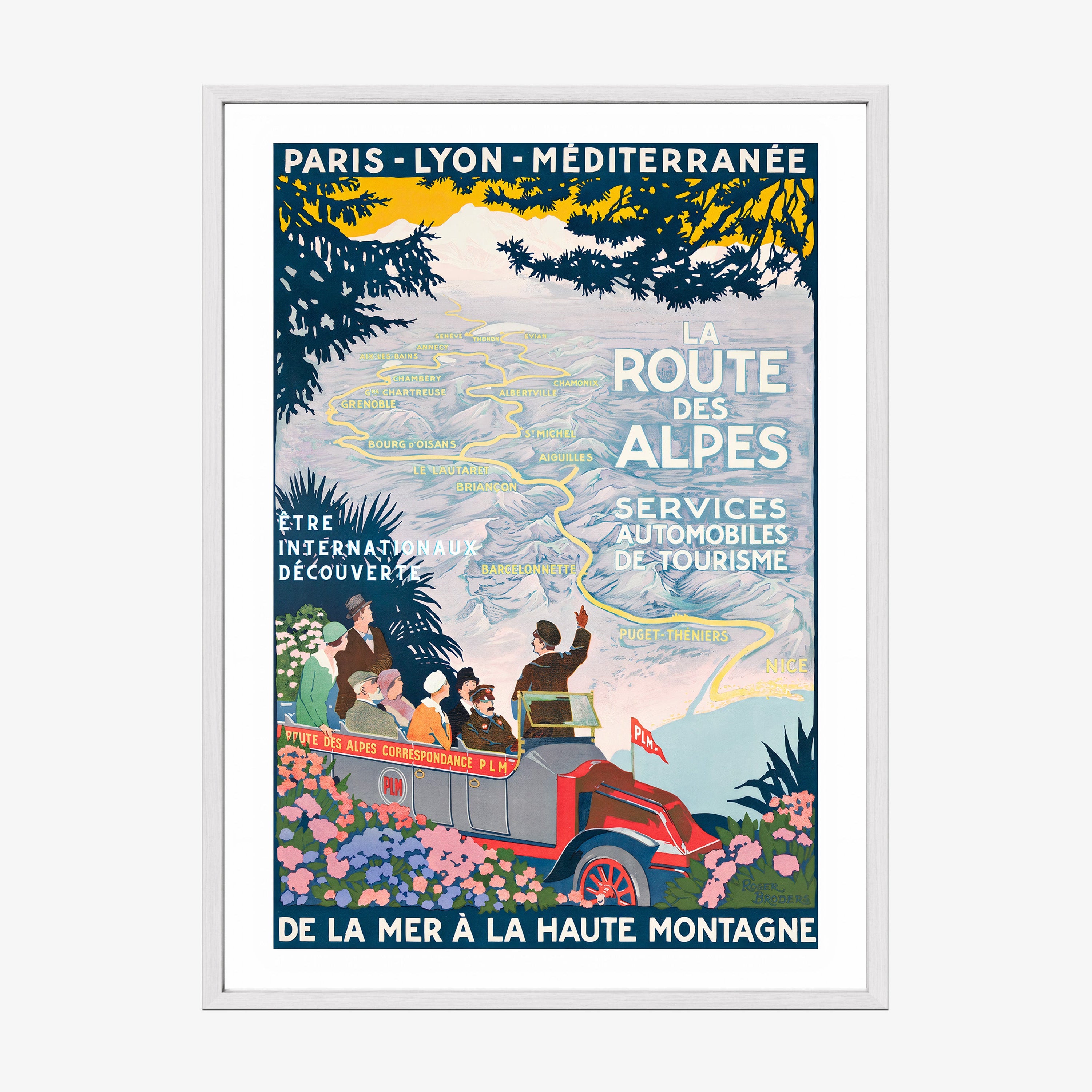Framed poster featuring a map through the mountains and a tour guide with the text "La Route Des Alpes" at the center hanging on a light background