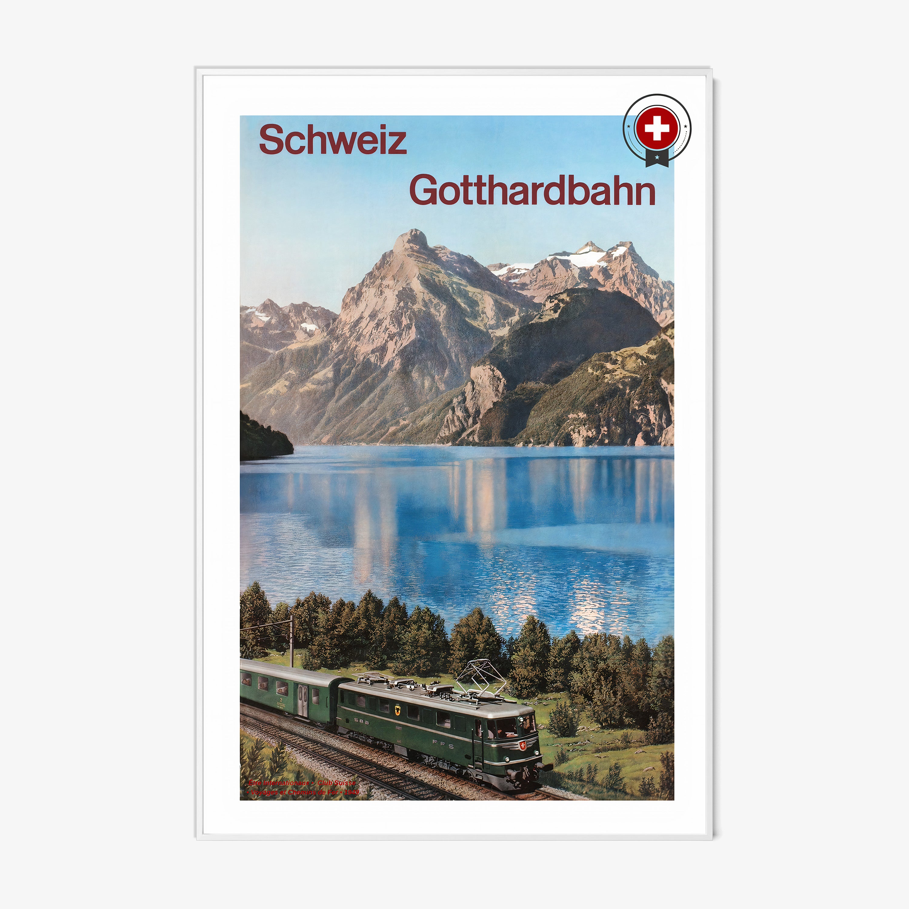 Framed poster of "Schweiz Gotthardbahn" featuring a train next to a mountain lake scene