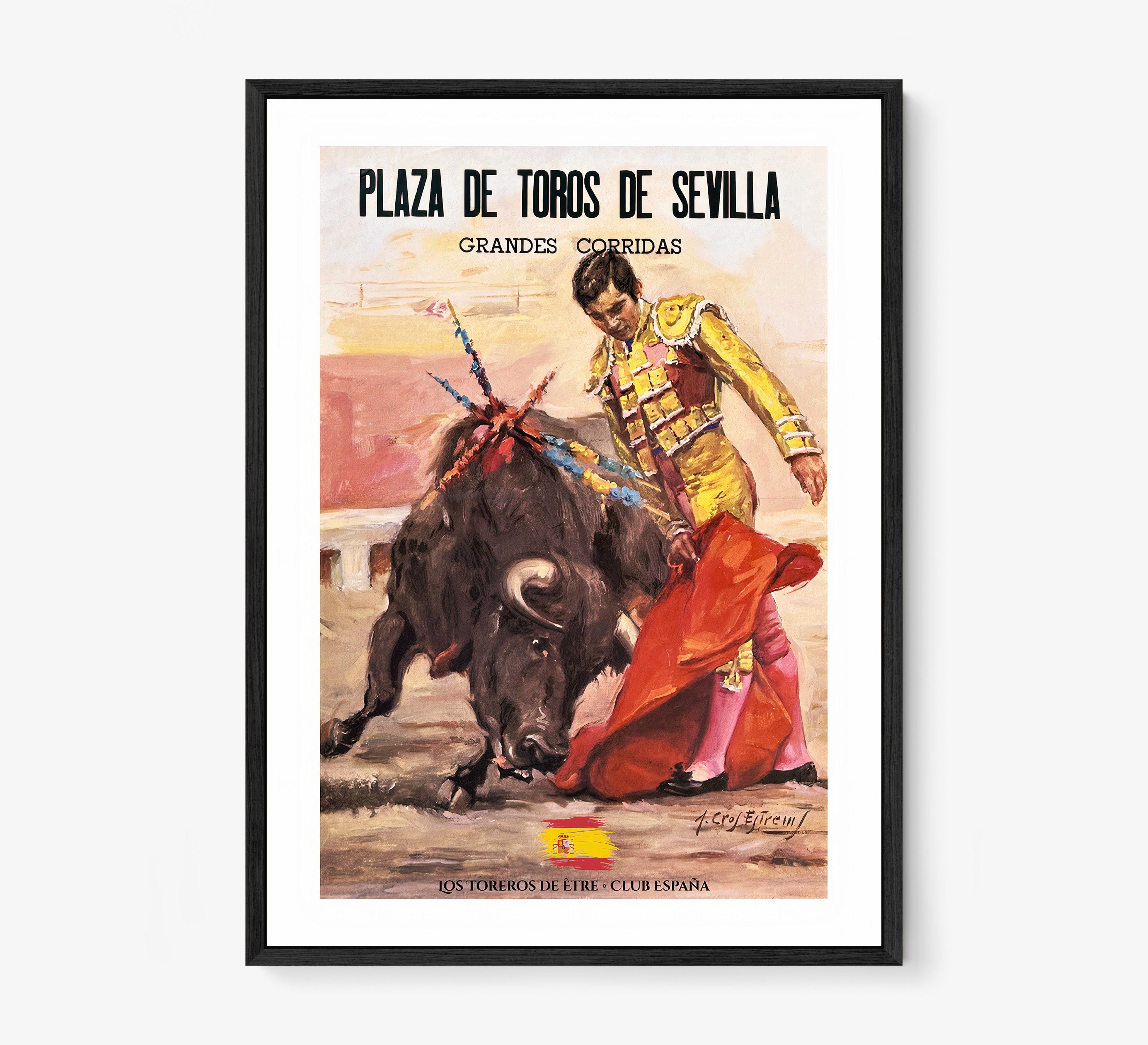 Framed poster of a bullfighter hanging on a light background