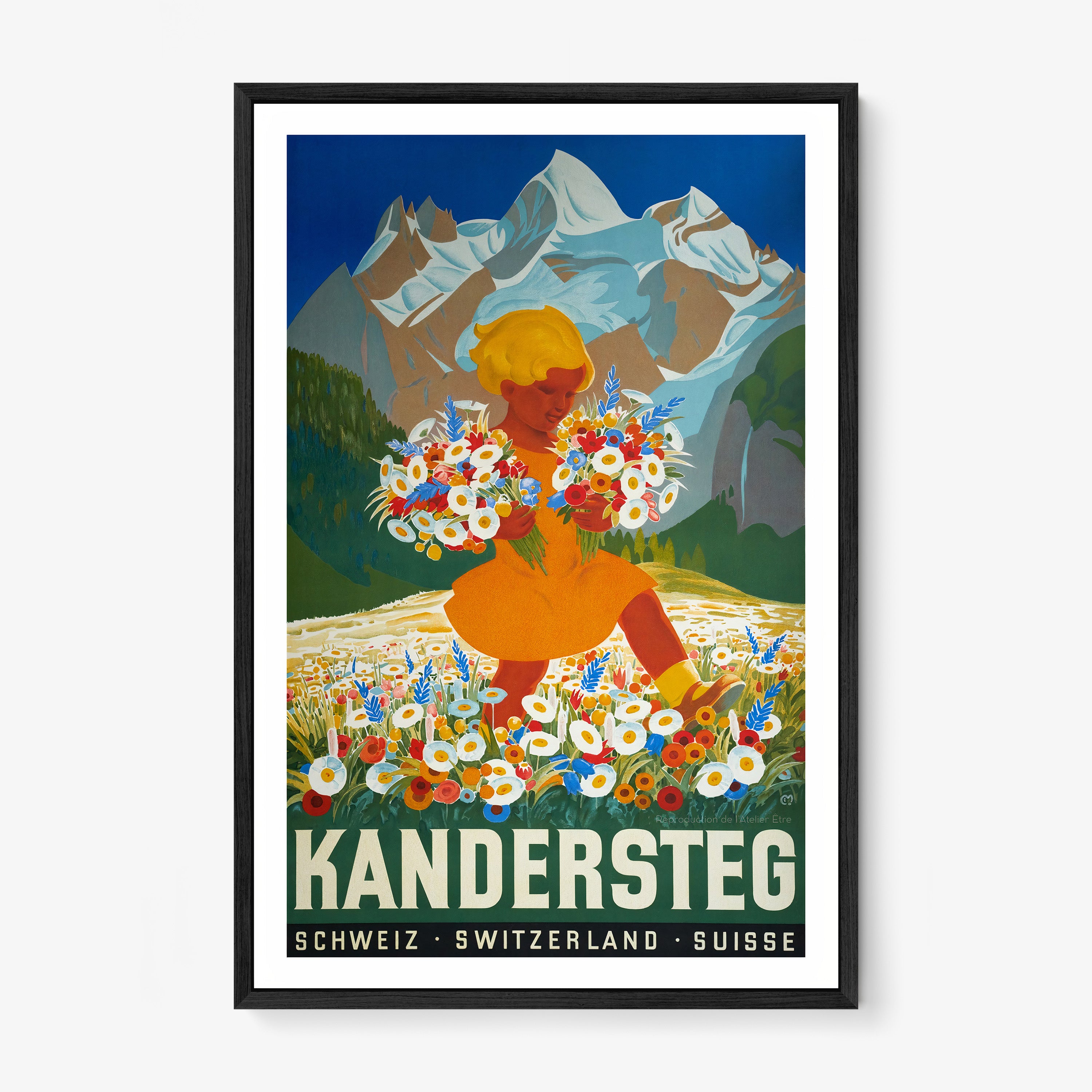 Framed poster of "Kandersteg" featuring mountains and a girl carrying flowers