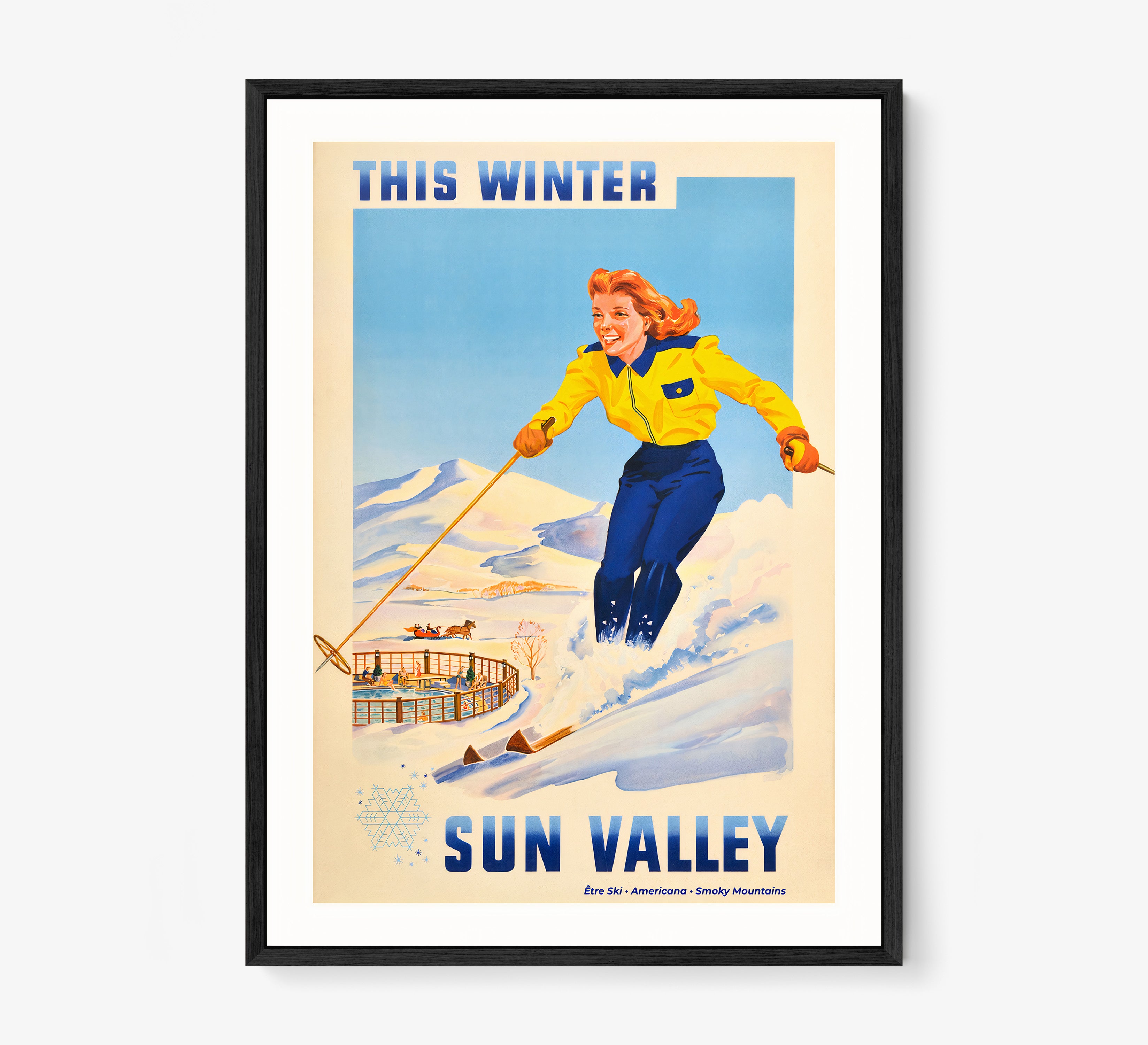 Framed "Sun Valley" poster featuring a woman skiing hanging on a light background