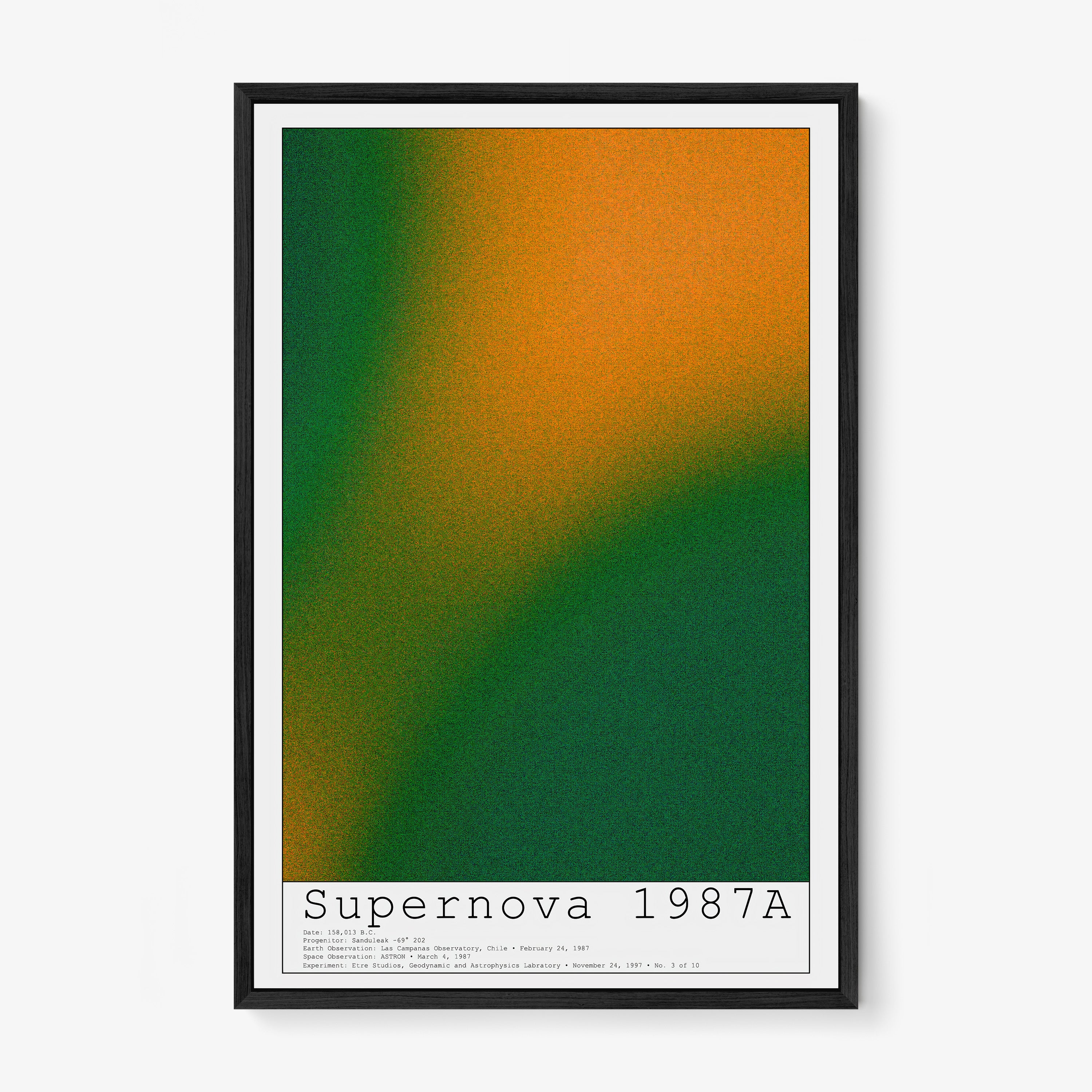 Framed poster of "Supernova" featuring a combination of orange and green colors hanging on a light background