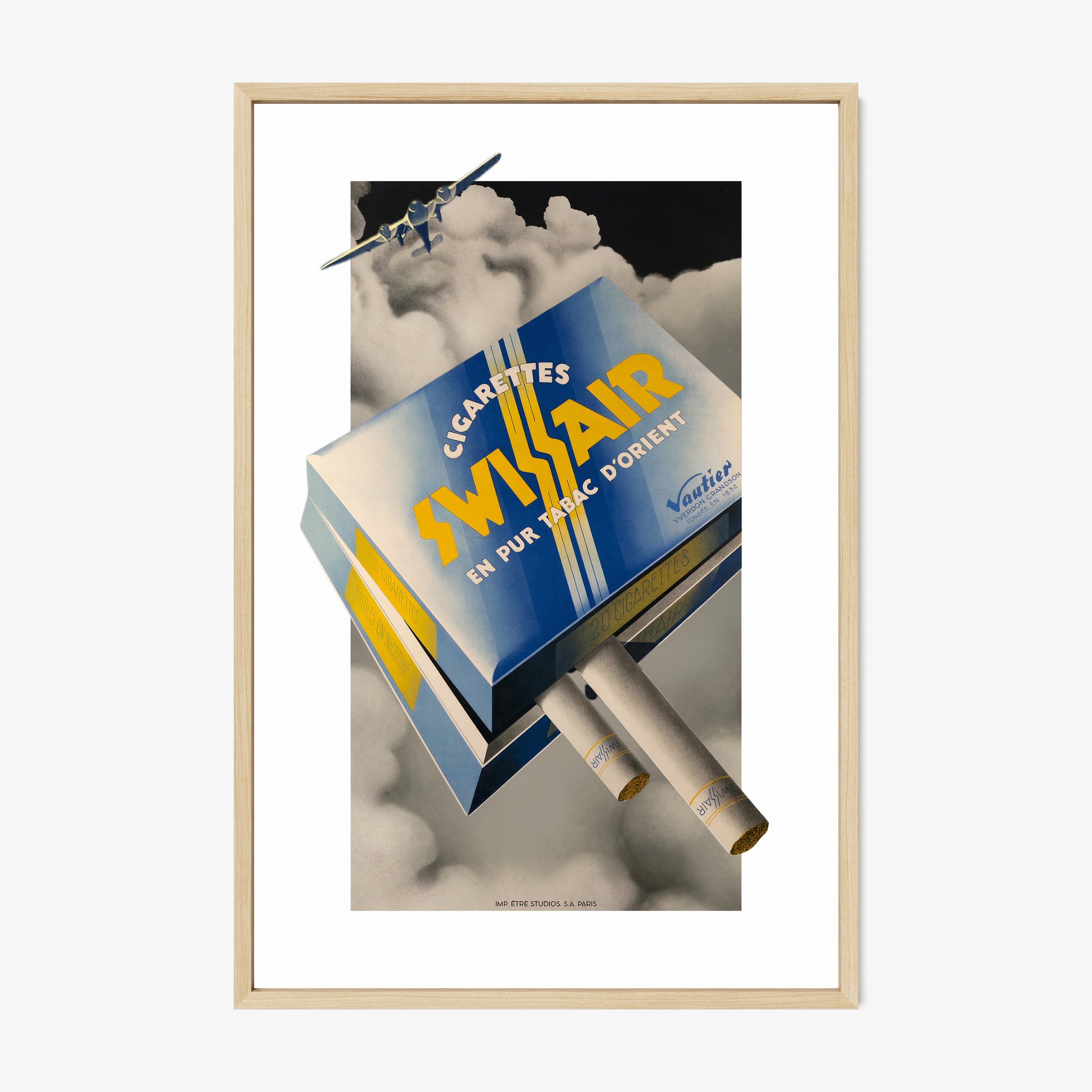 A framed poster features an airline cigarette advertisement 