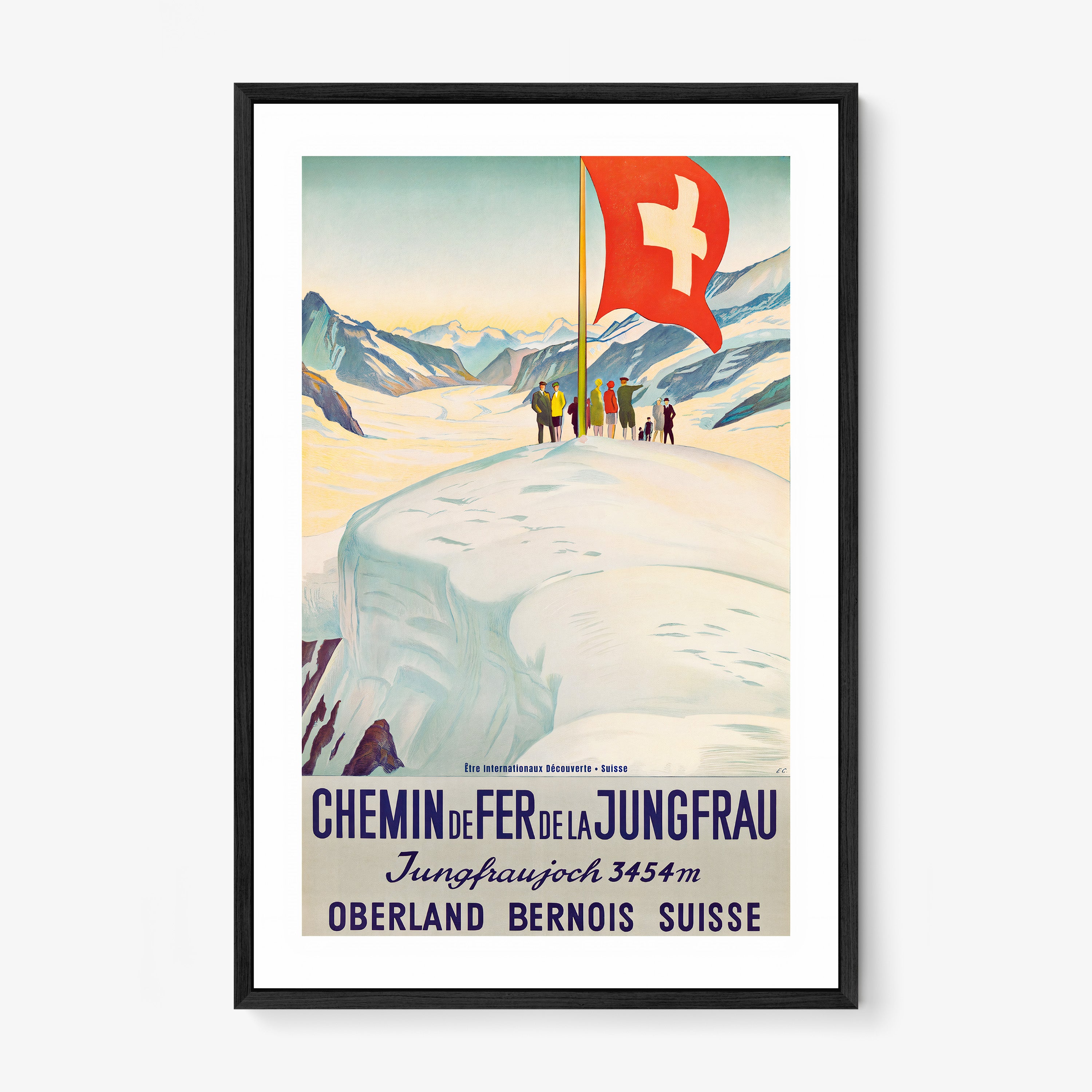 Framed Poster featuring a group of people on top of a snowy mountain edge standing next to a large Switzerland flag hanging on a white backdrop