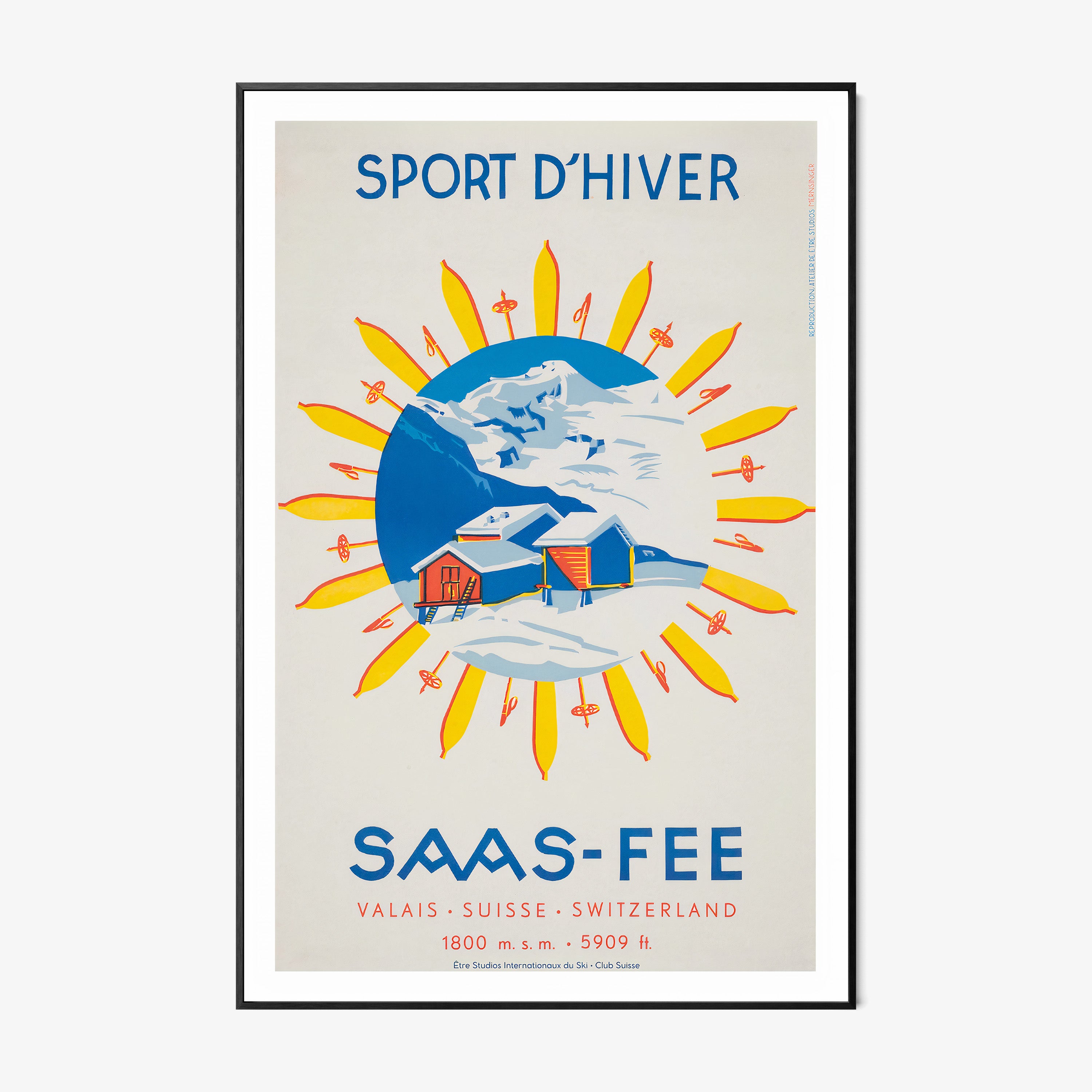 Framed poster of 'Sport d'Hiver Saas-Fee' on a wall