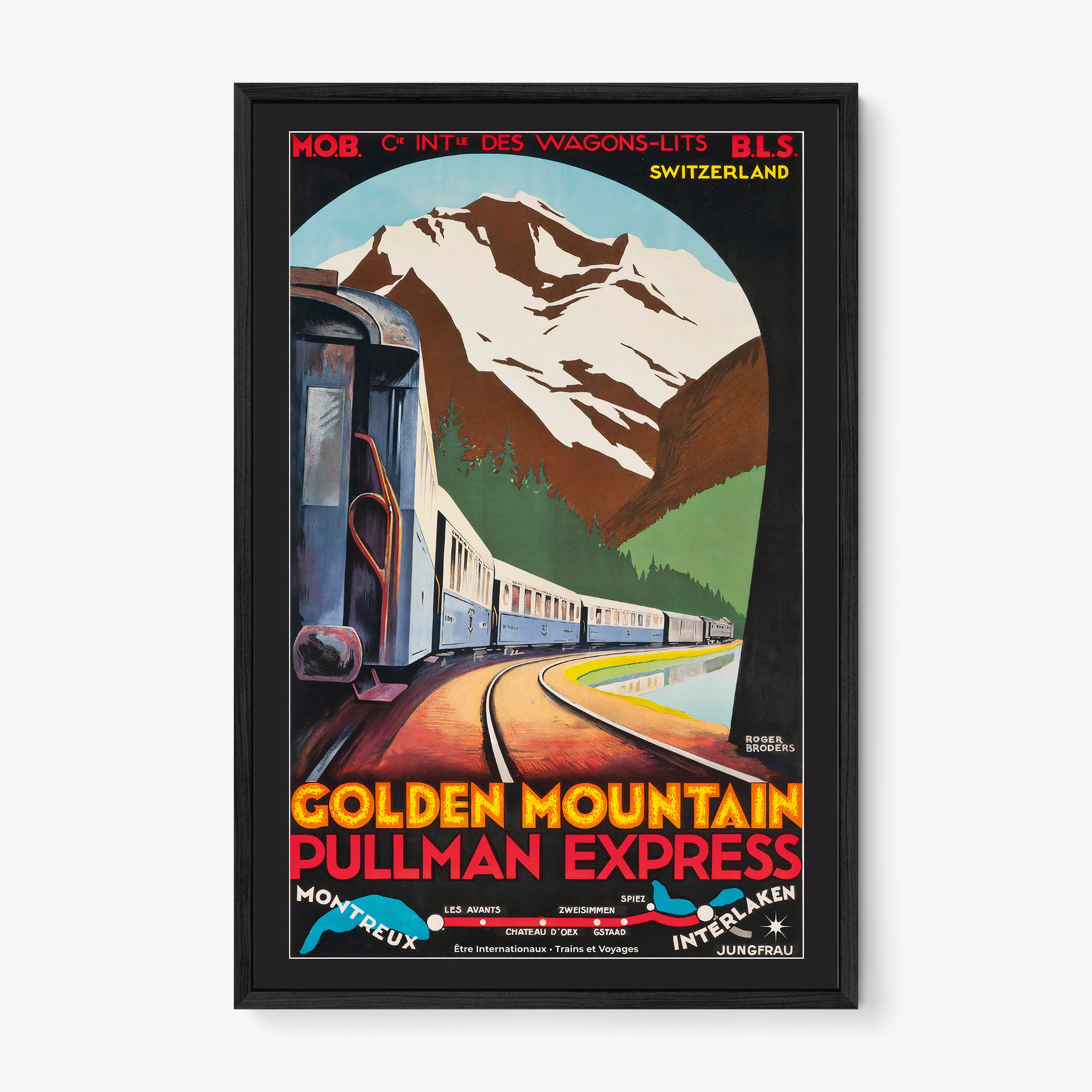 Framed poster that features a blue train winding through a valley with snow capped mountains in the backdrop and the text "Golden Mountain Pullman Express" at the bottom hanging on a light background