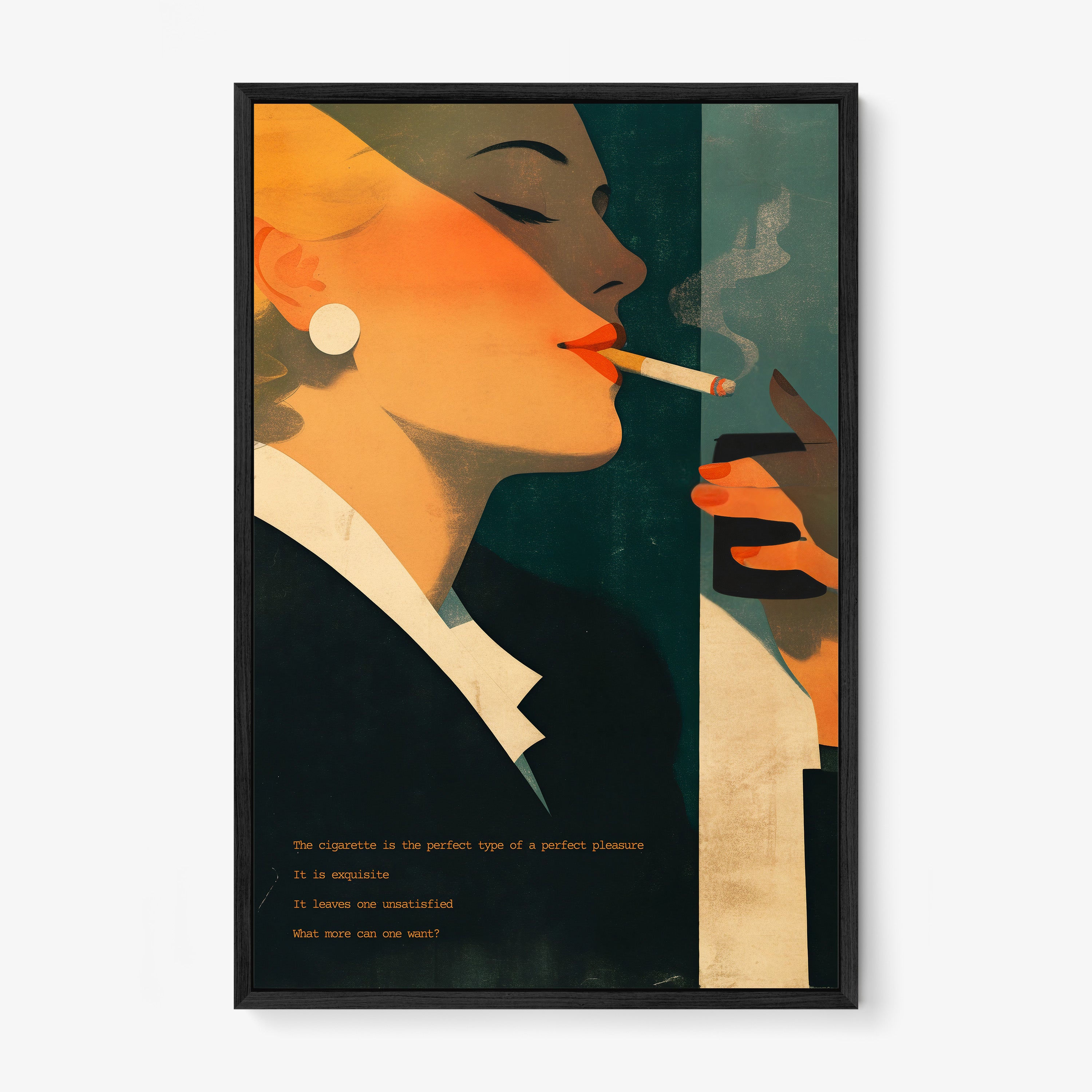 Framed Poster of a woman smoking a cigarette hanging on a light background
