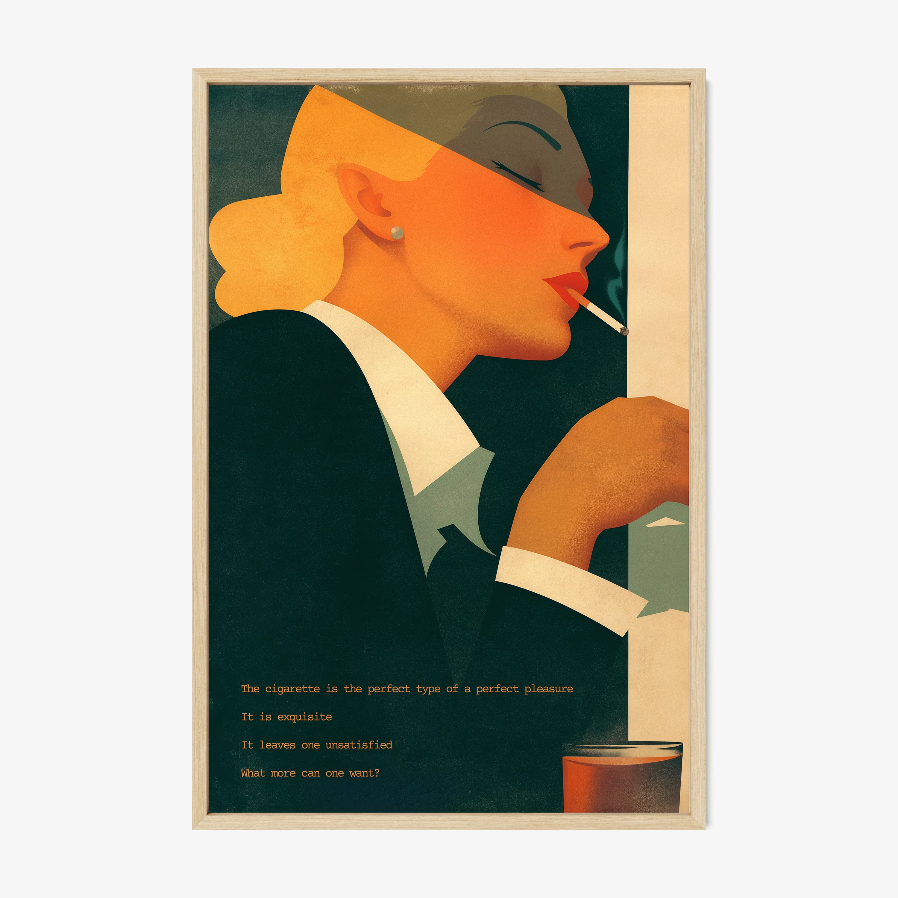Framed poster of a woman smoking a cigarette hanging on a light background