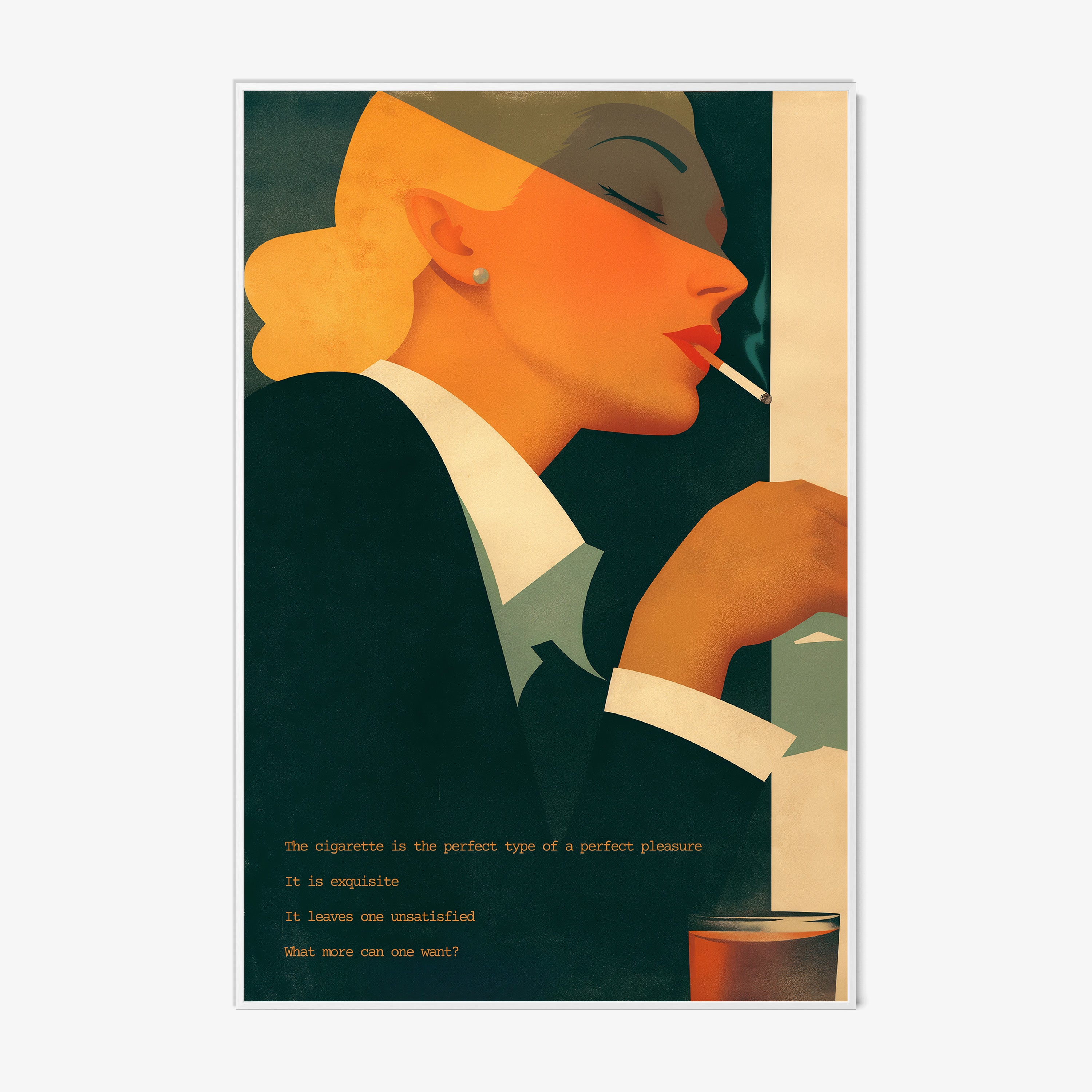 Framed poster of a woman smoking a cigarette hanging on a light background