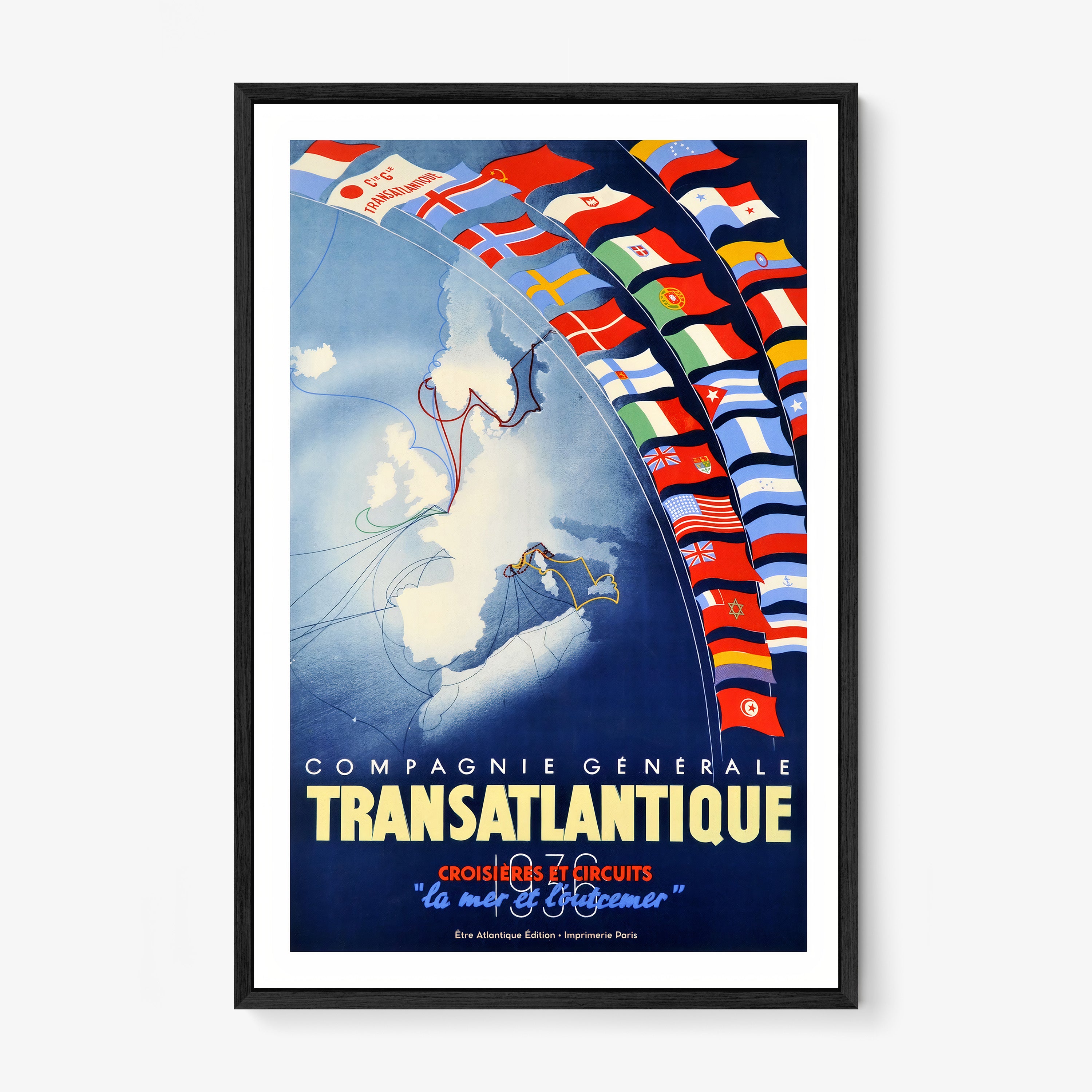 Framed "Transatlantic Cruise" poster featuring many different countries flags