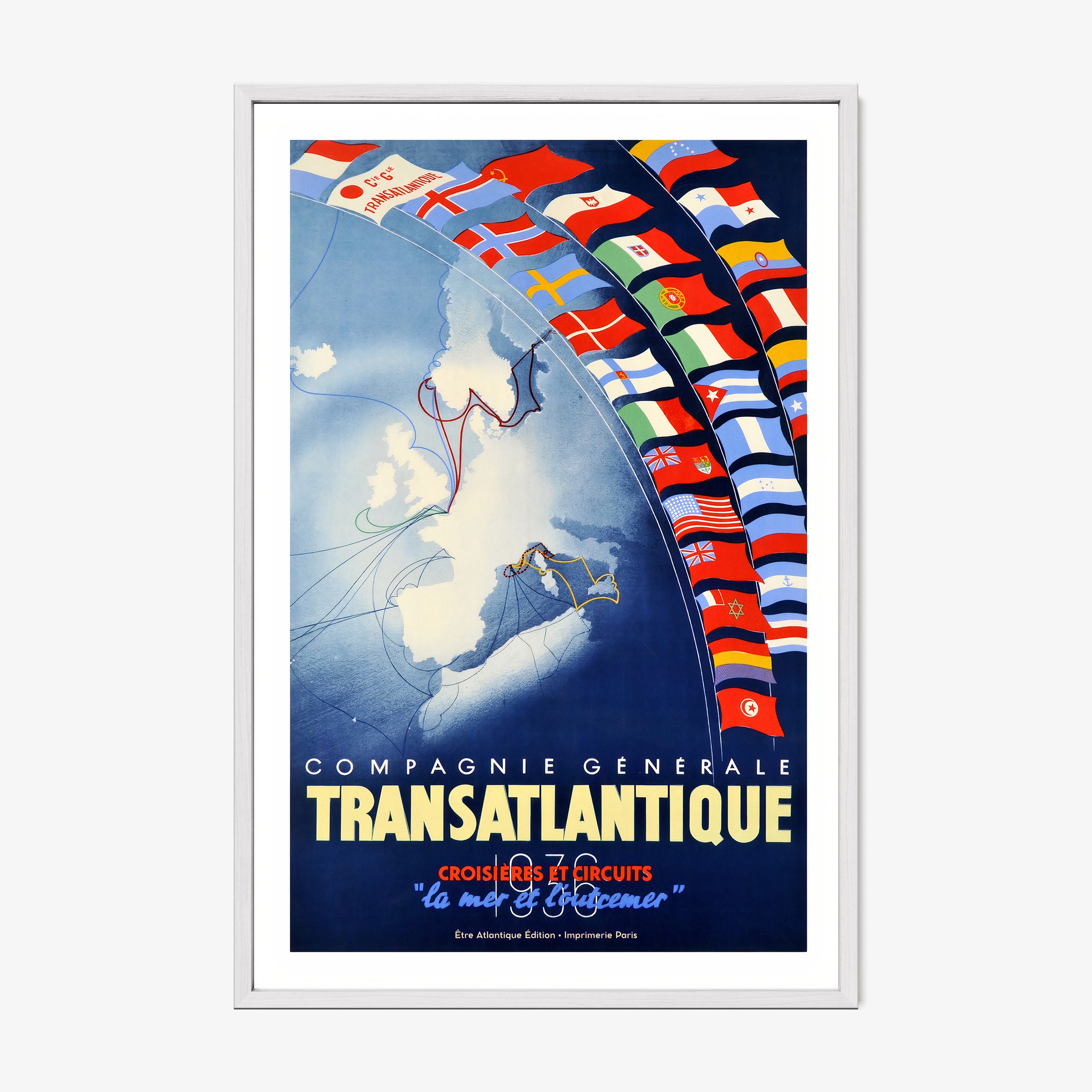 Framed "Transatlantic Cruise" poster featuring many different countries flags