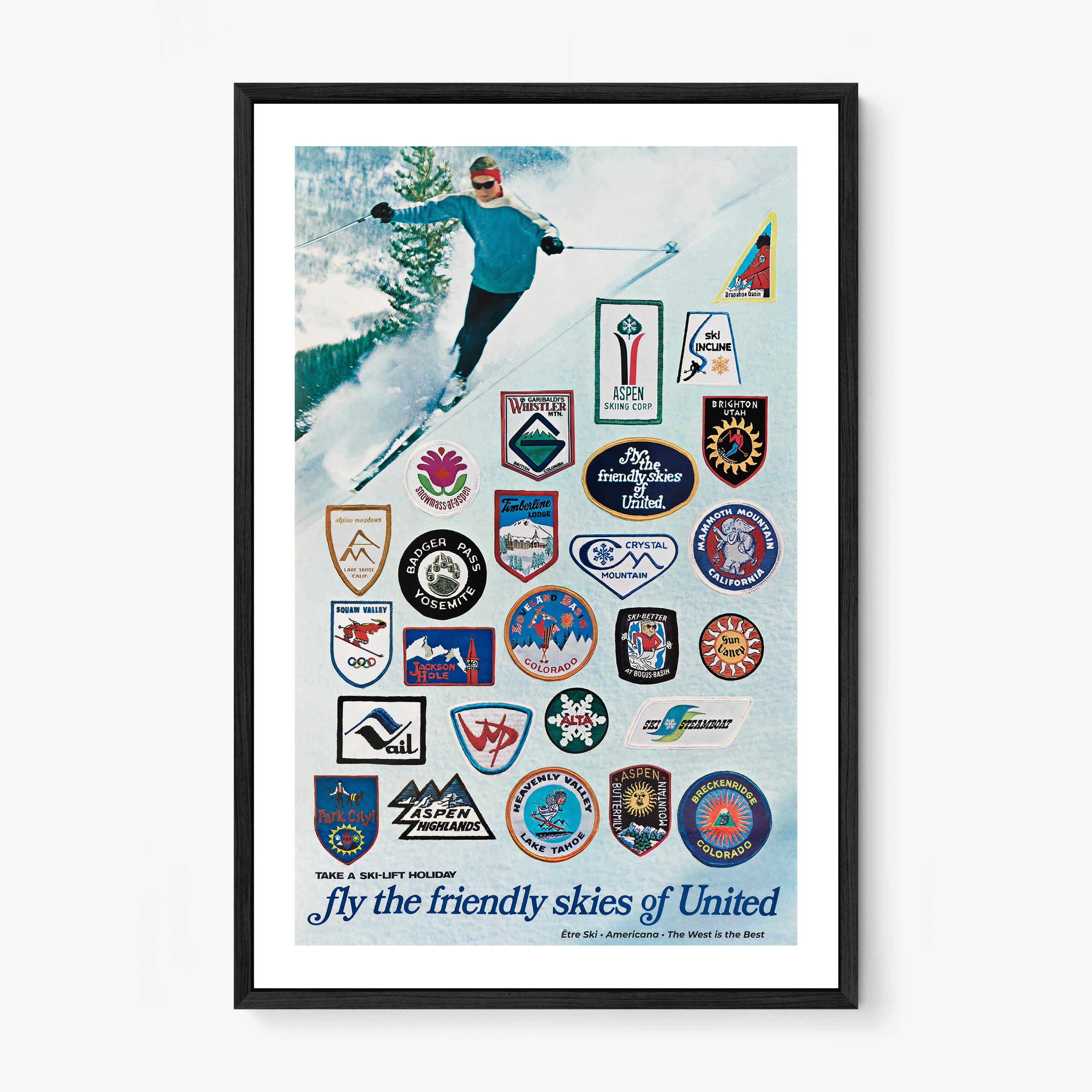 Vintage style framed poster of ski areas in the United States hanging on a light background