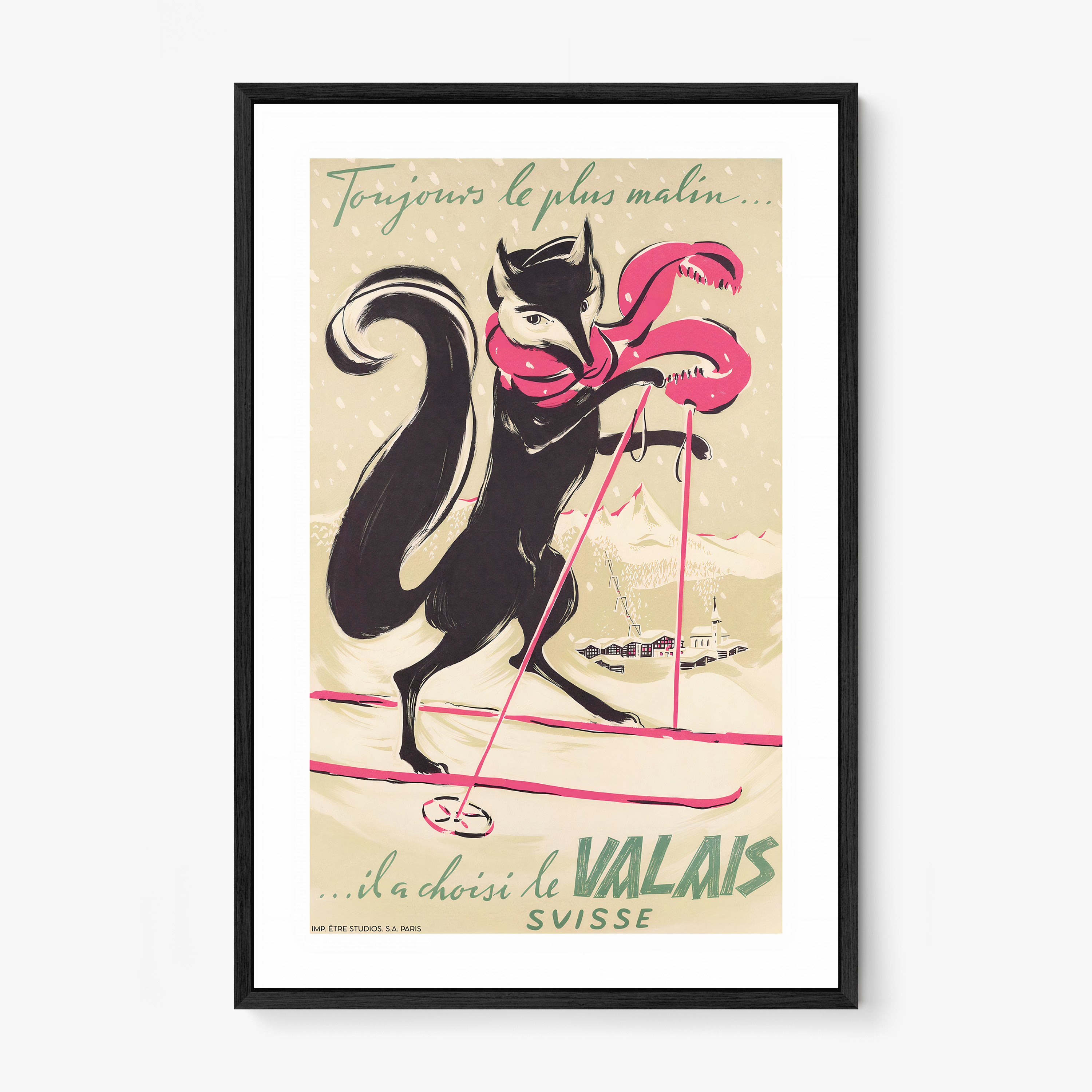Framed poster of a fox on a pair of skis hanging on a light background